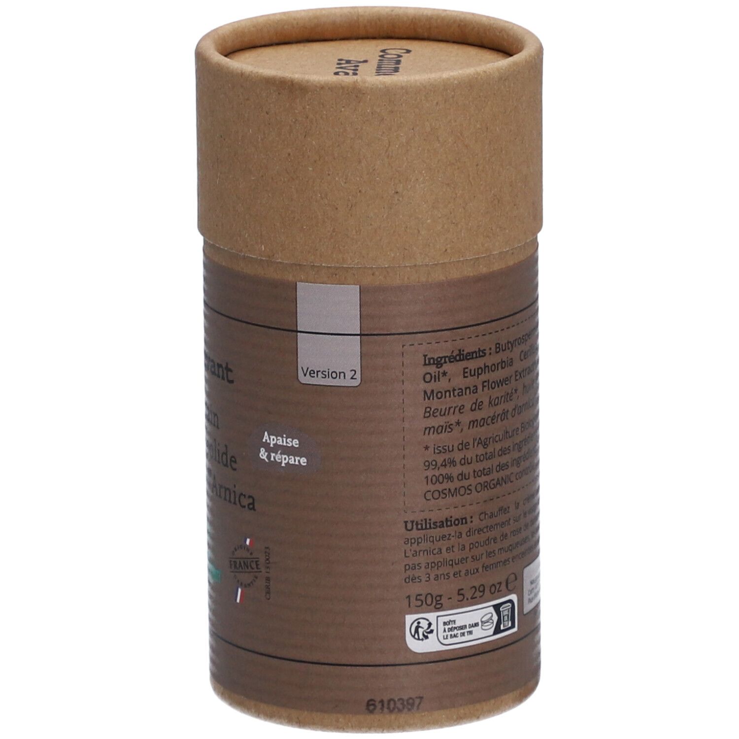 Rückseite der Comme Avant Creme-Verpackung. Enthält Zutatenliste, Gewicht 150g und Version 2.
