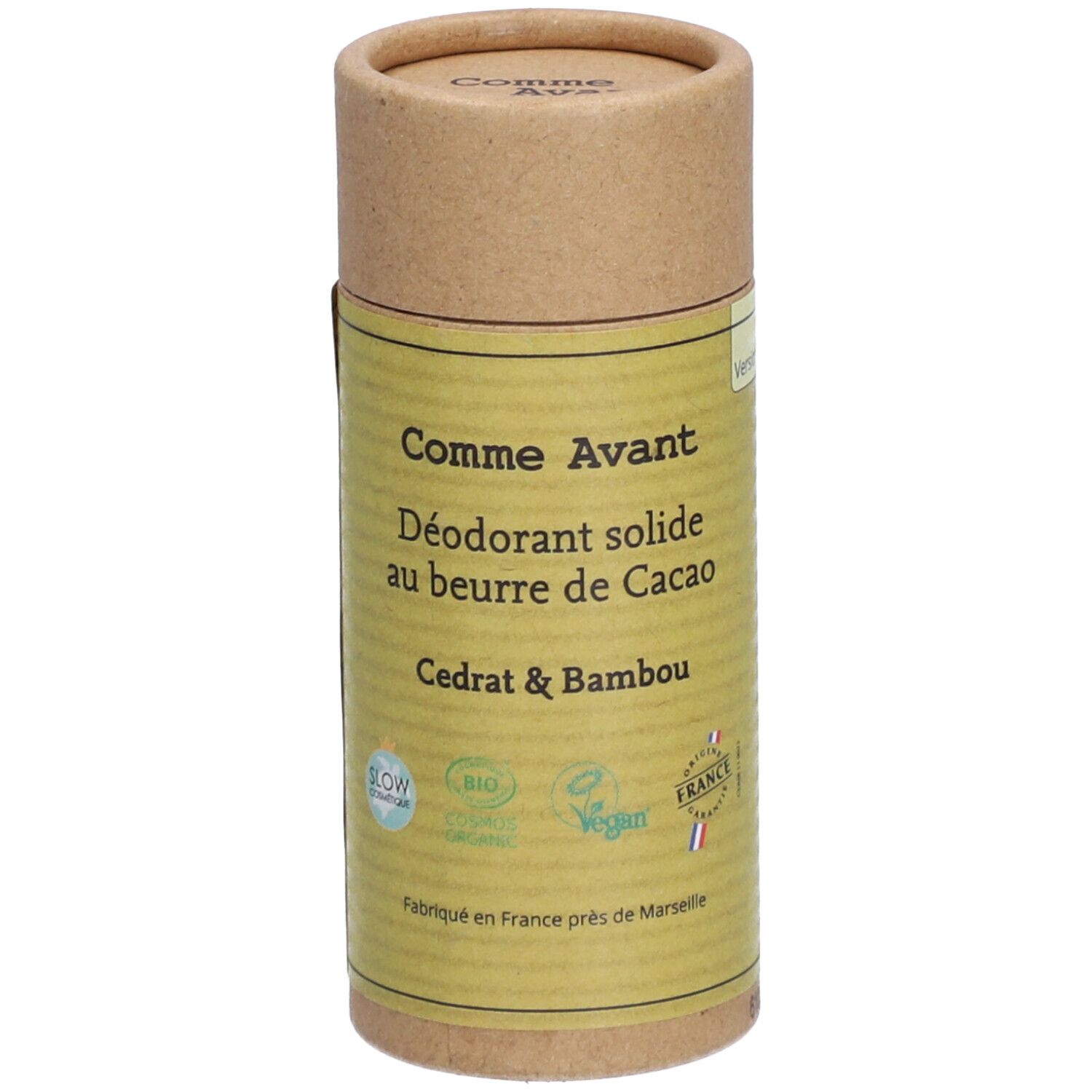 Zylindrische Pappverpackung. Aufschrift: Comme Avant, Déodorant solide au beurre de Cacao, Cédrat & Bambou. Siegel: Bio, Vegan, Slow Cosmétique.