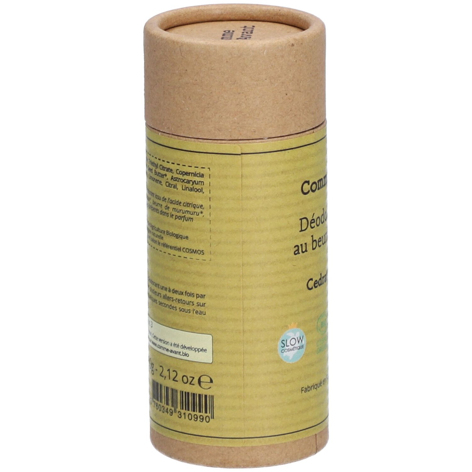 Rückseite der zylindrischen Pappverpackung. Enthält Inhaltsstoffe und Informationen. Siegel: Slow Cosmétique. Barcode und Produktionsinformationen.