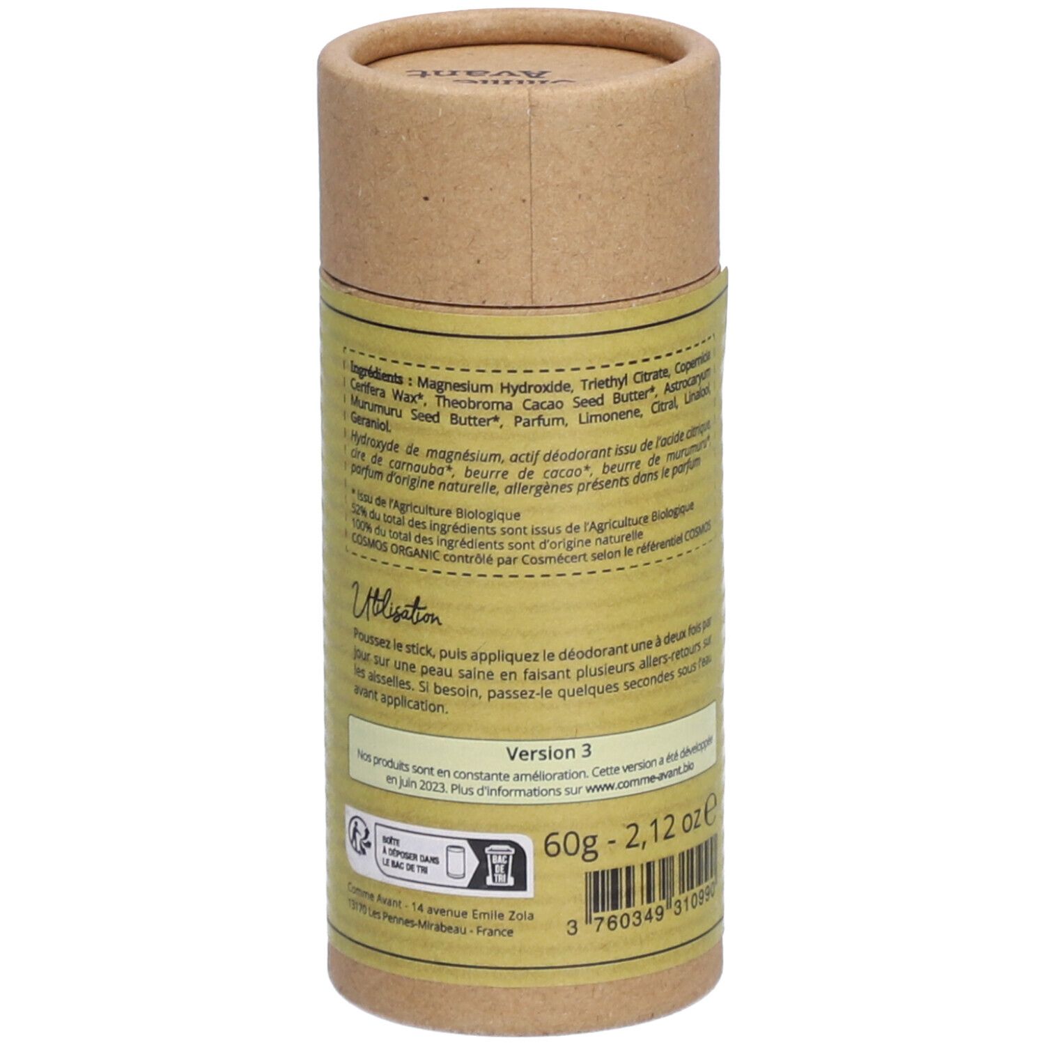 Zylindrische Pappverpackung. Enthält Inhaltsstoffe, Anwendungshinweise und Größenangabe. Siegel: Bio, Vegan. Barcode und Produktionsinformationen.