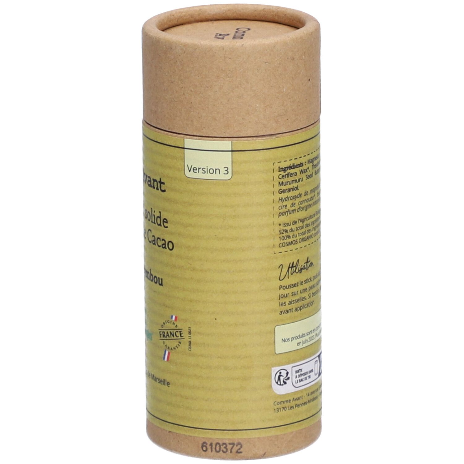 Rückseite der zylindrischen Pappverpackung. Enthält Informationen und Siegel. Version 3. Barcode und Produktionsinformationen.