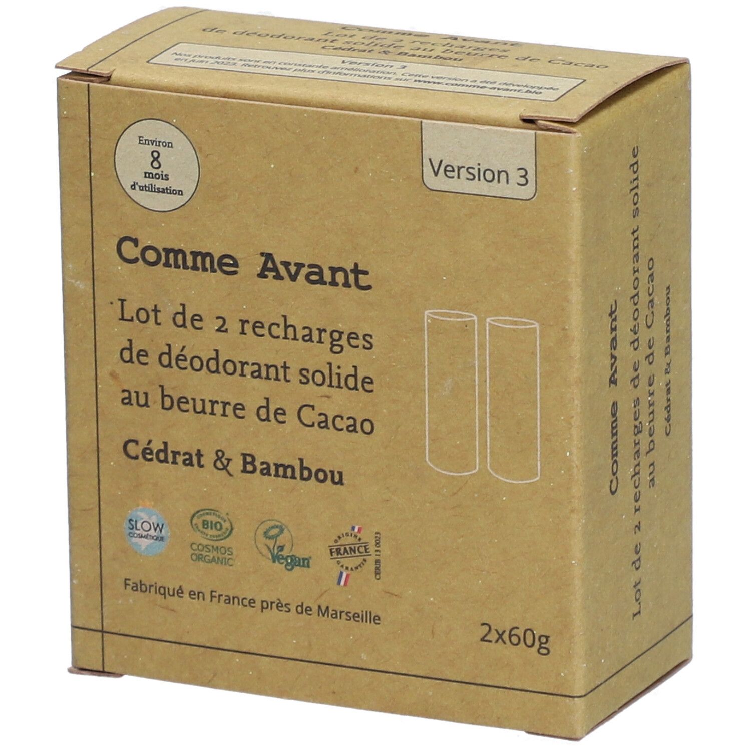 Kartonverpackung mit zwei Nachfüllungen festes Deodorant. Aufschrift: Cacao Cédrat & Bambou. Siegel: Slow Cosmétique, Bio, Vegan.