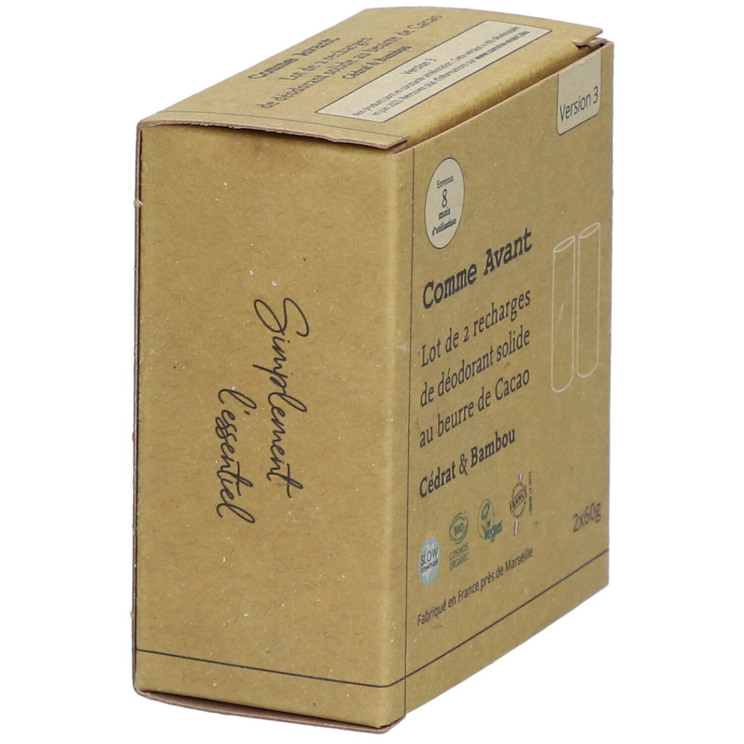 Kartonverpackung, seitliche Ansicht. Aufschrift: Comme Avant, Cacao Cédrat & Bambou. Text: Simplement essentiel. Siegel: Bio, Vegan.