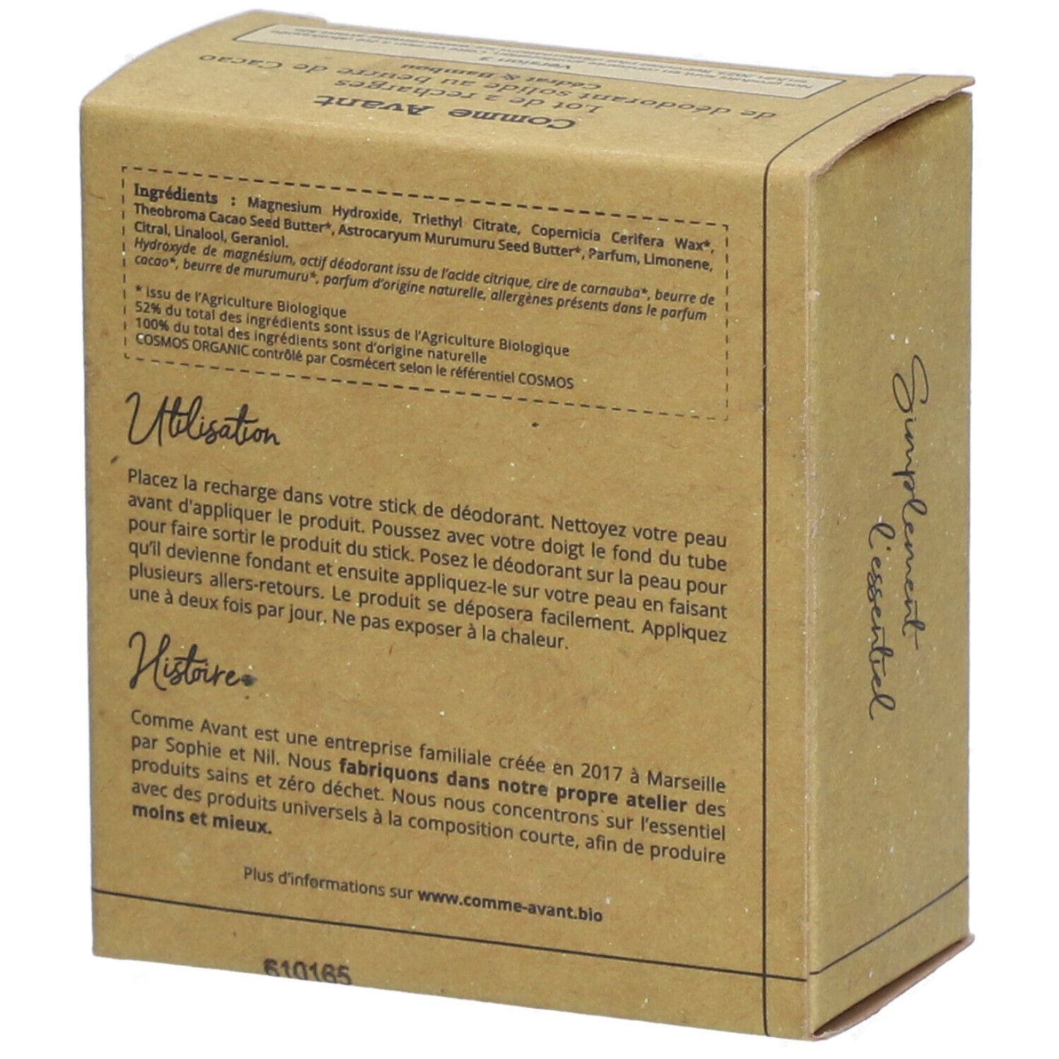 Kartonverpackung mit Text. Zutaten, Anwendung, Geschichte. Aufschrift: Comme Avant. Siegel: Bio, Vegan. Hergestellt in Frankreich.
