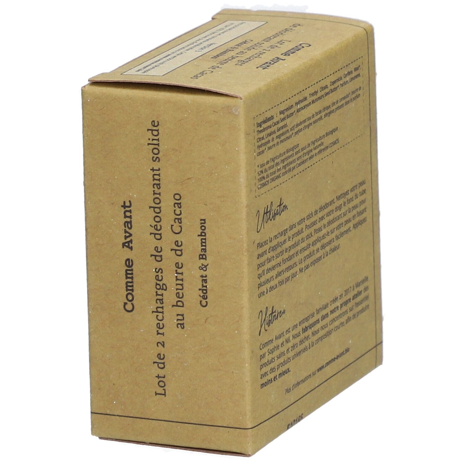 Kartonverpackung, seitliche Ansicht. Aufschrift: Comme Avant, Cacao Cédrat & Bambou. Text. Siegel: Bio, Vegan. Hergestellt in Frankreich.