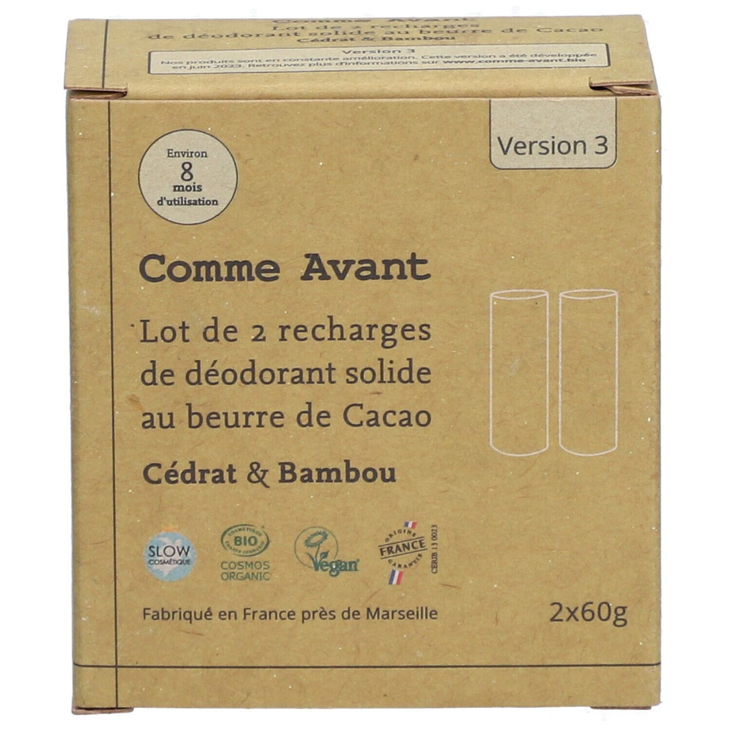 Kartonverpackung mit zwei Nachfüllungen festes Deodorant. Aufschrift: Cacao Cédrat & Bambou. Siegel: Slow Cosmétique, Bio, Vegan.