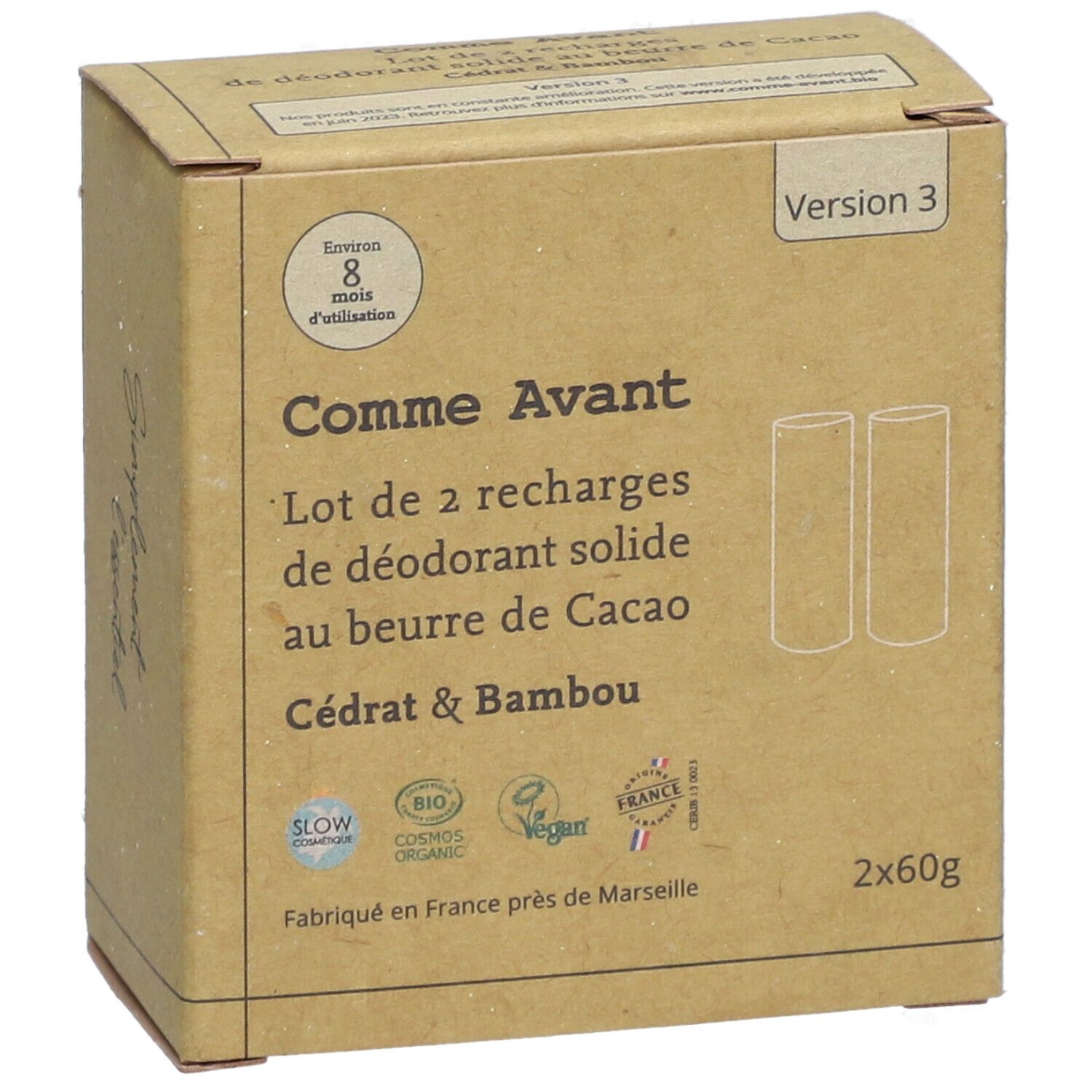 Kartonverpackung mit zwei Nachfüllungen festes Deodorant. Aufschrift: Cacao Cédrat & Bambou. Siegel: Slow Cosmétique, Bio, Vegan.