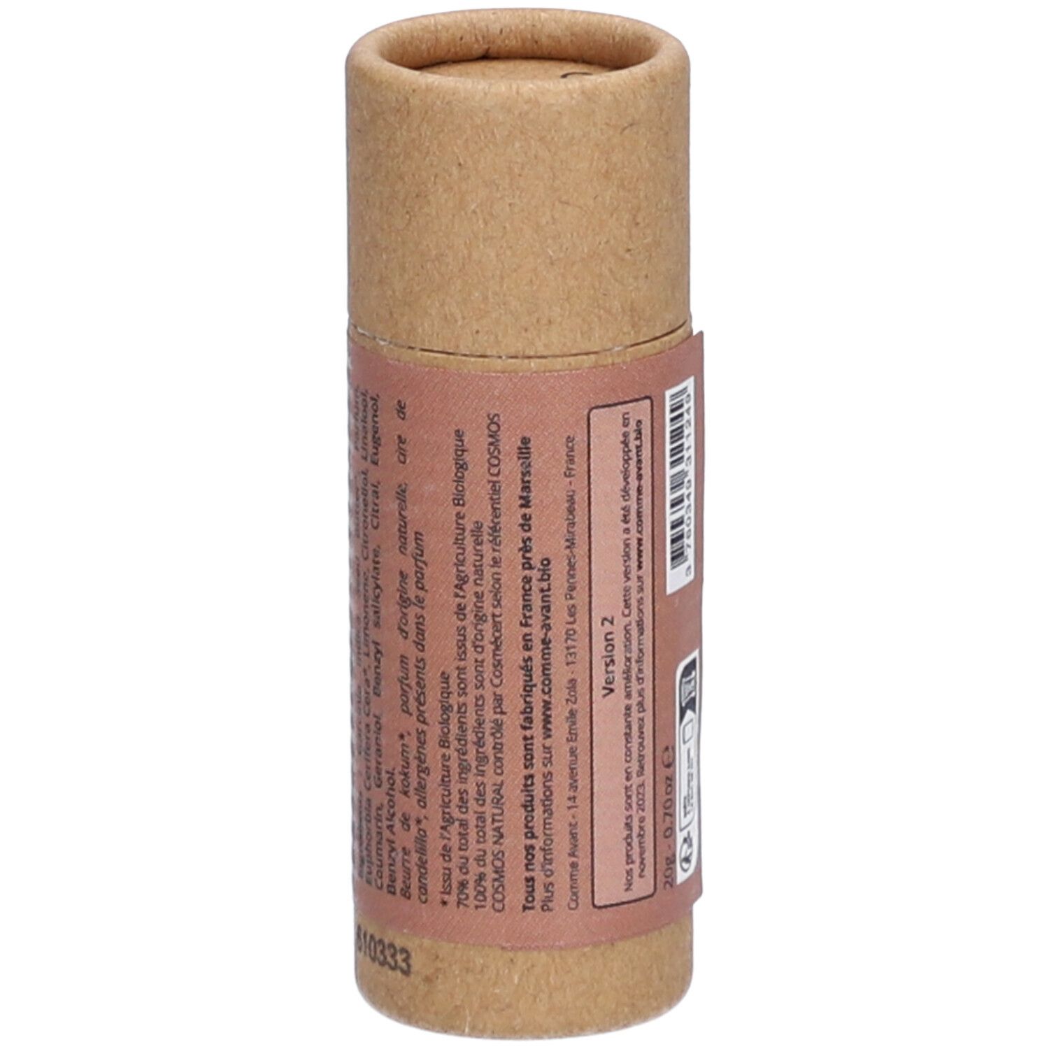 Zylindrische Verpackung mit Produktinformationen. Aufschrift: Comme Avant, Parfum solide au beurre de Kokum, Tonka & Bois de santal. Hergestellt in Frankreich.