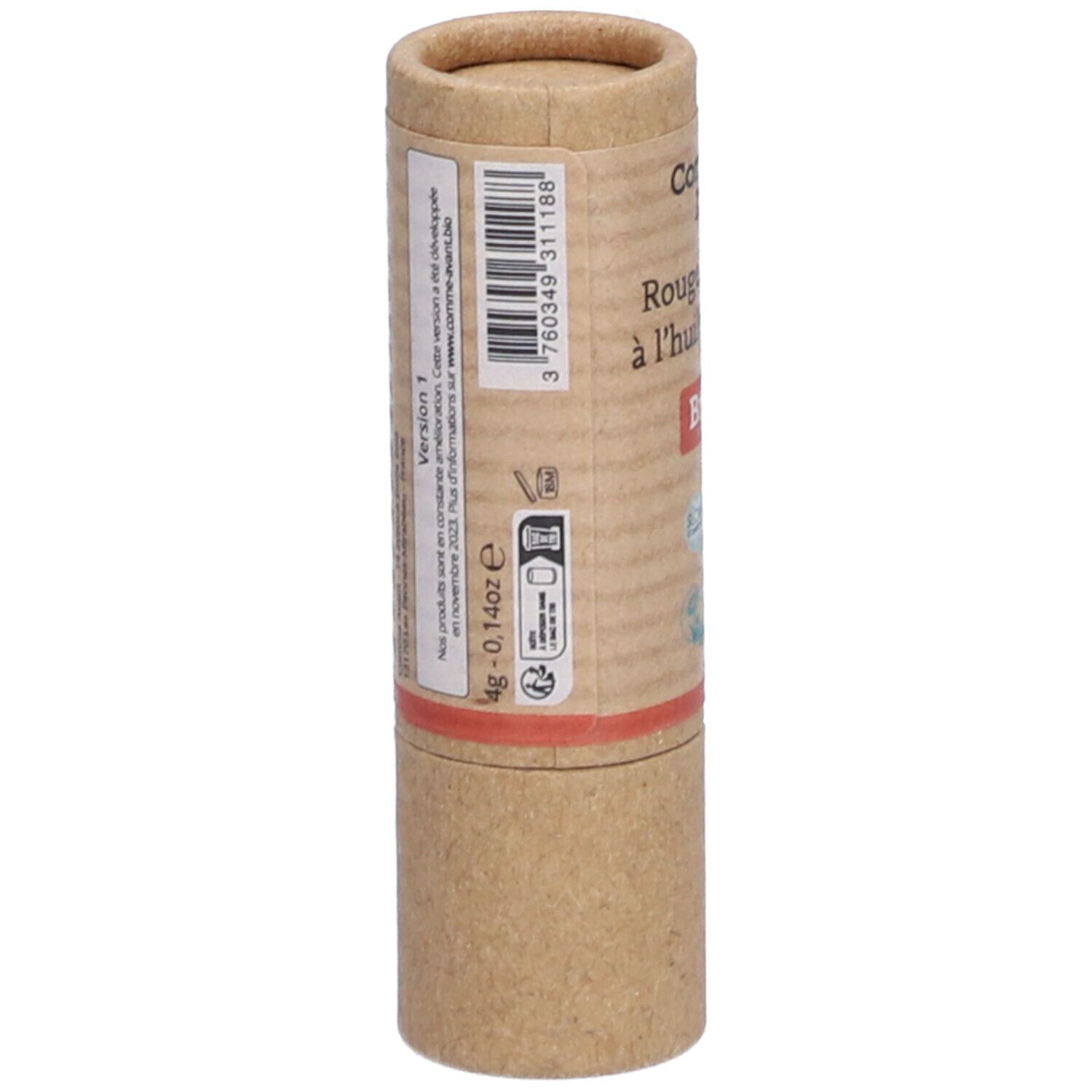 Zylindrische Verpackung. Aufschrift: Comme Avant, Rouge à lèvres à l'huile de Ricin, Brique. Barcode. Gewicht: 4g - 0,14oz. Logos.