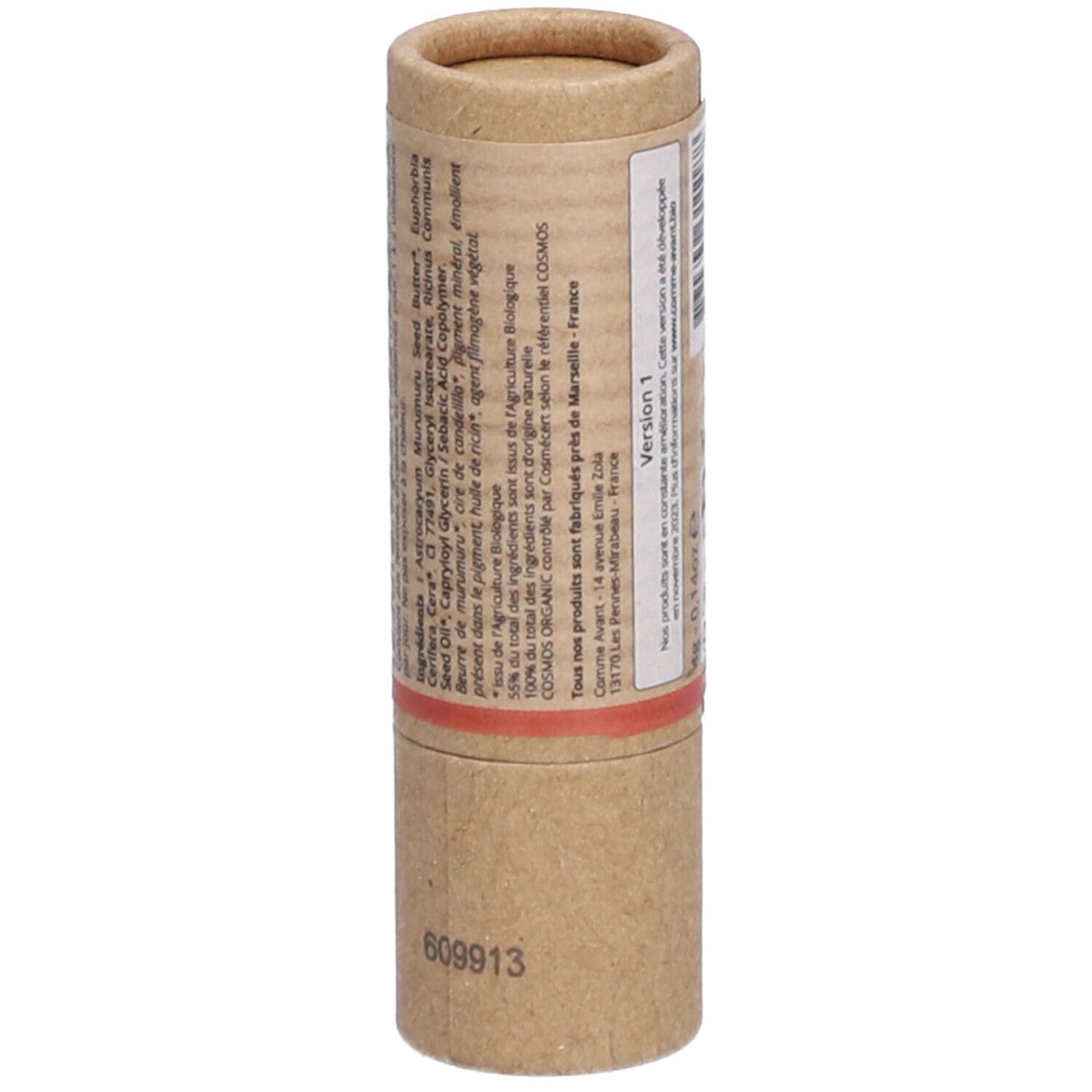 Zylindrische Verpackung. Aufschrift: Comme Avant. Inhaltsstoffe. Version 1. Hergestellt in Marseille, Frankreich. Code: 609913.