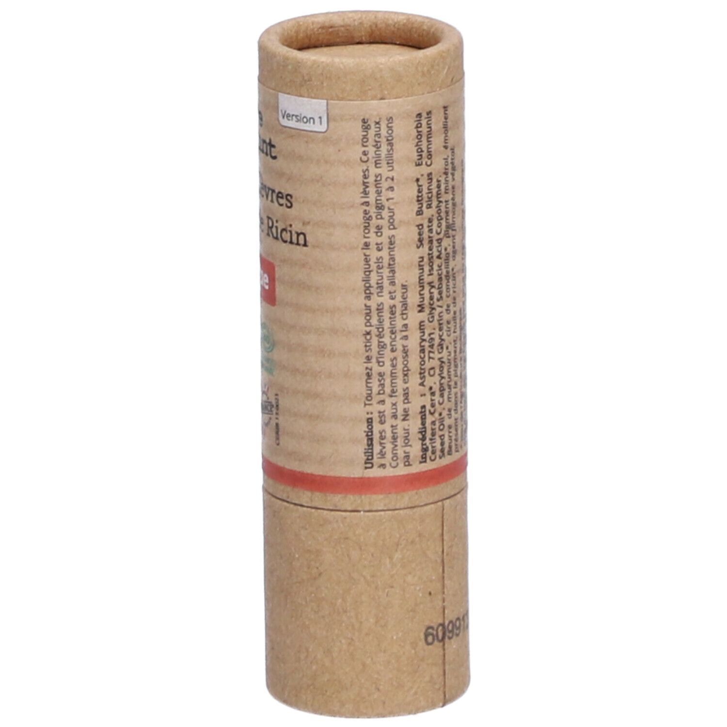 Zylindrische Verpackung. Aufschrift: Comme Avant, Rouge à lèvres à l'huile de Ricin, Brique. Version 1. Inhaltsstoffe. Code: 609913.