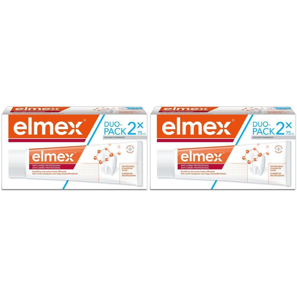 Deux emballages de dentifrice. Chaque emballage porte la marque "elmex" et "DUO PACK 2x". Les tubes sont blancs avec des inscriptions rouges.