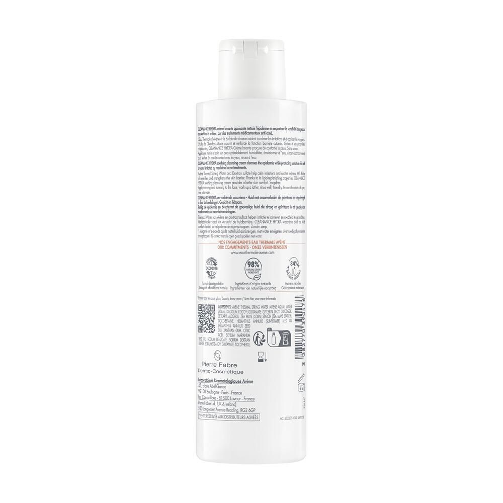 Rückseite der AVÈNE Cleanance Hydra Waschcreme. Textinformationen, QR-Code und Logos.