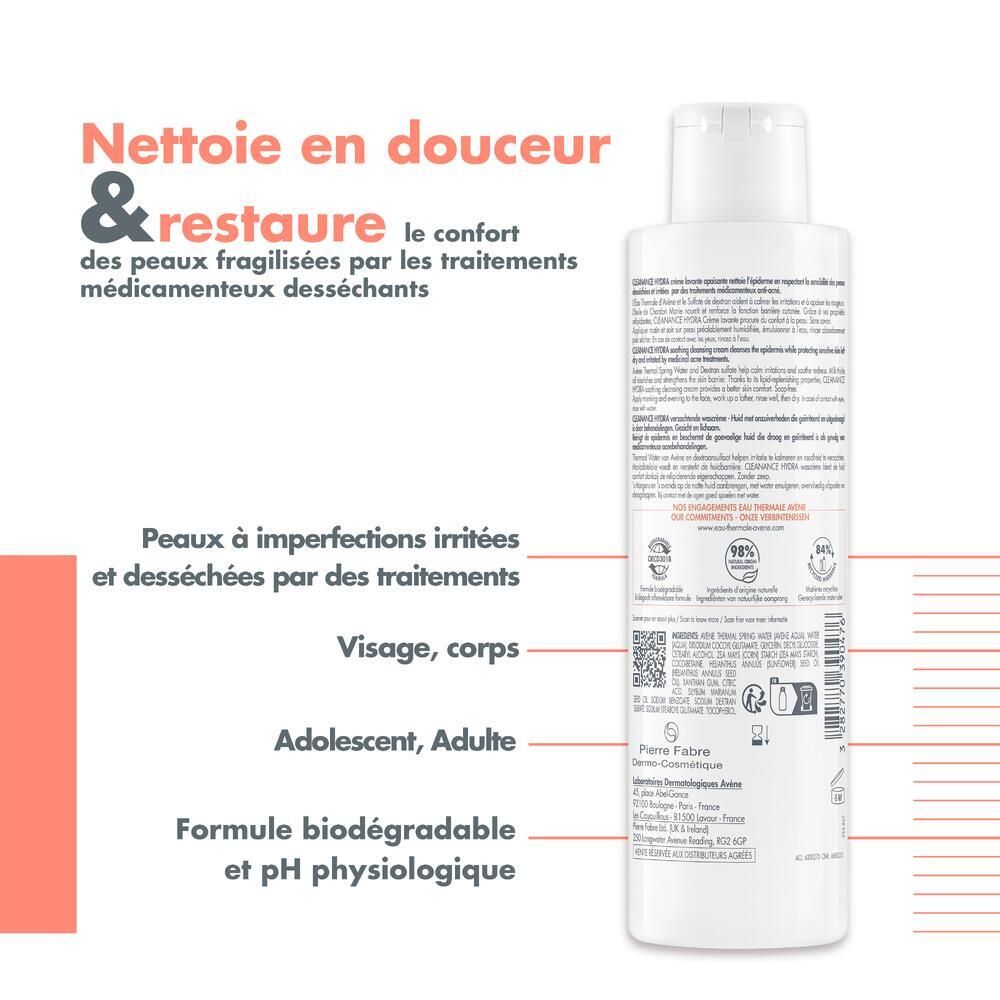 Text auf der Rückseite der AVÈNE Cleanance Hydra Waschcreme. Beschriftung: Sanfte Reinigung & stellt den Komfort wieder her.