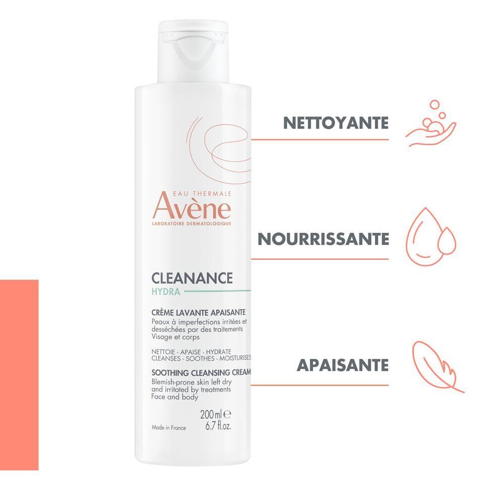 AVÈNE Cleanance Hydra Waschcreme. Grafische Elemente: Reinigend, nährend, beruhigend.