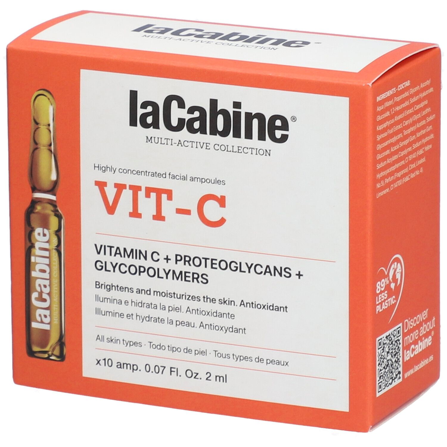 Orangefarbene Schachtel mit Ampulle. Aufschrift: laCabine, VIT-C, Vitamin C + Proteoglykane + Glykopolymere. 10 Ampullen.