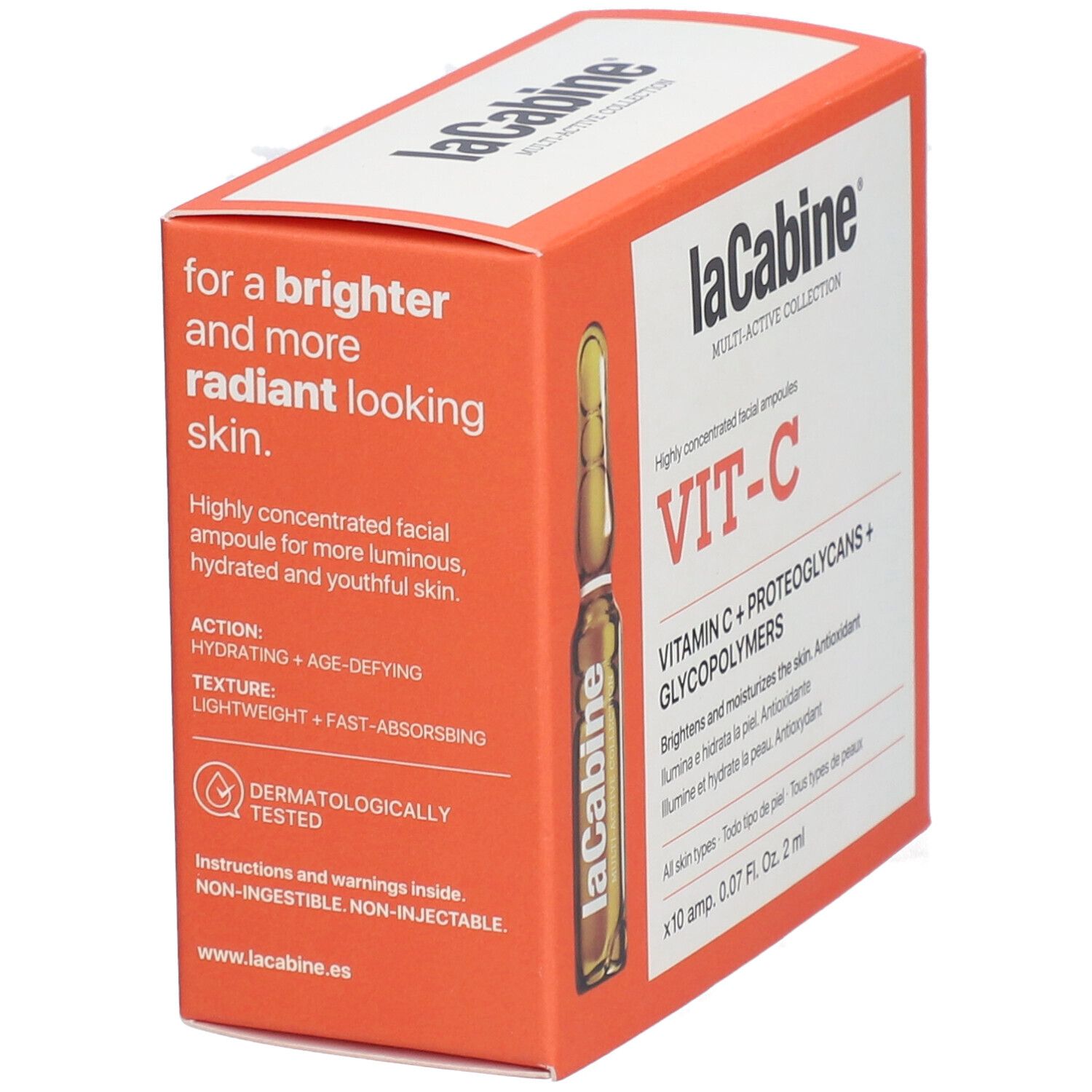 Orangefarbene Schachtel mit Text. Aufschrift: laCabine, VIT-C. Text: Für eine strahlendere und strahlendere Haut. Nicht injizierbar.