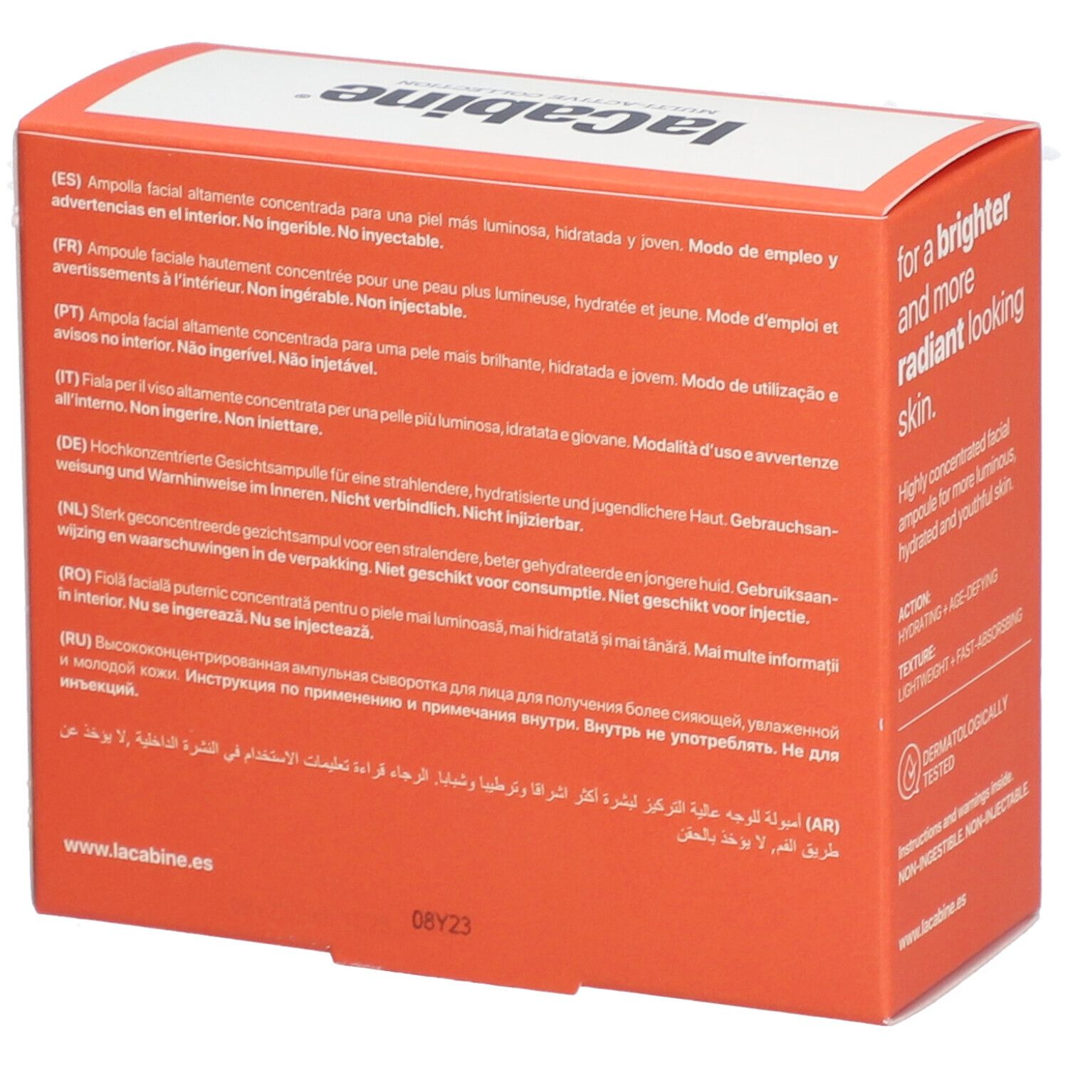 Rückseite einer orangefarbenen Schachtel. Text in mehreren Sprachen. Aufschrift: laCabine. Nicht injizierbar. Nicht einnehmen.