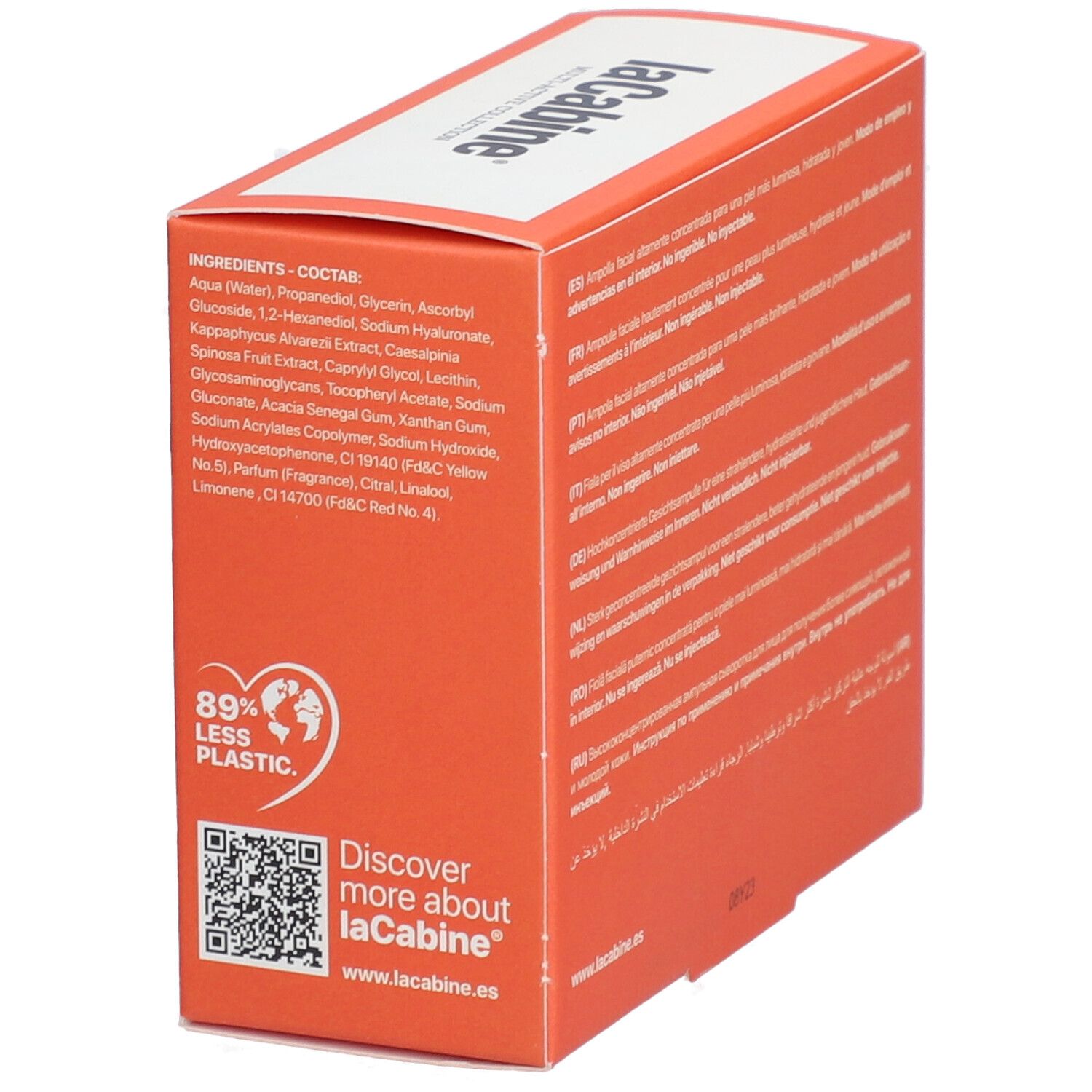 Orangefarbene Schachtel. Aufschrift: laCabine. Text: 89% weniger Kunststoff. QR-Code. Inhaltsstoffe. Nicht injizierbar.