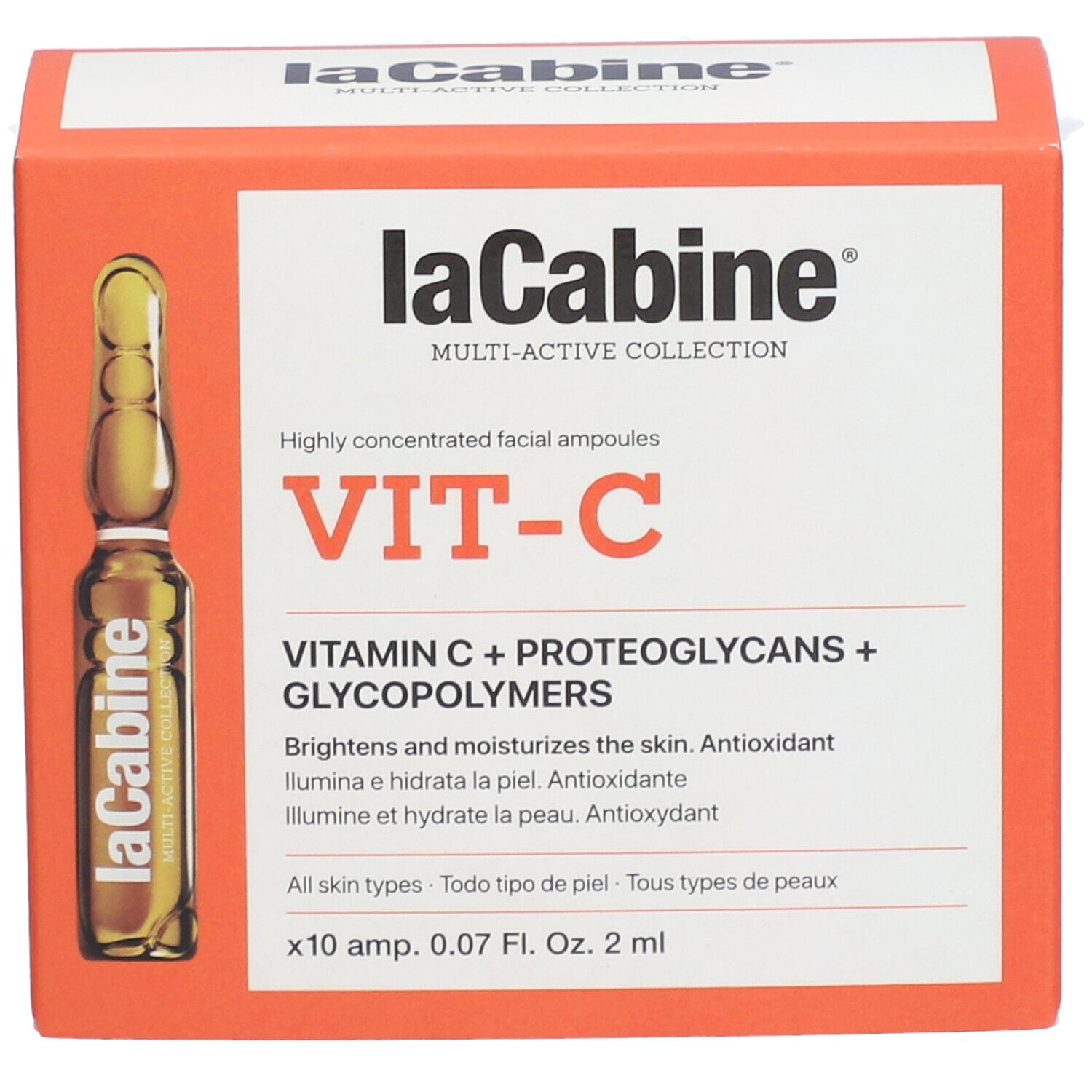 Orangefarbene Schachtel mit Ampulle. Aufschrift: laCabine, VIT-C, Vitamin C + Proteoglykane + Glykopolymere. 10 Ampullen.