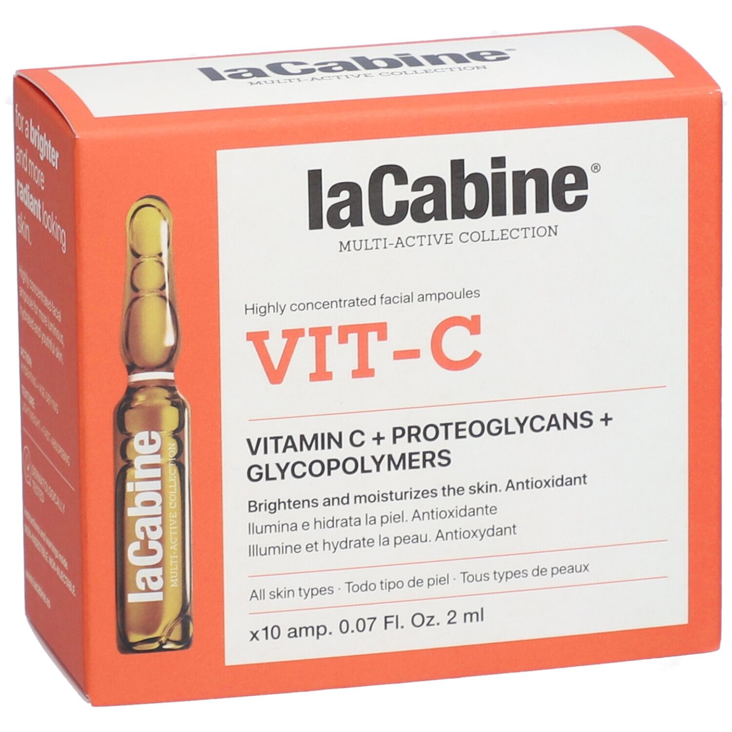 Orangefarbene Schachtel mit Ampulle. Aufschrift: laCabine, VIT-C, Vitamin C + Proteoglykane + Glykopolymere. 10 Ampullen.