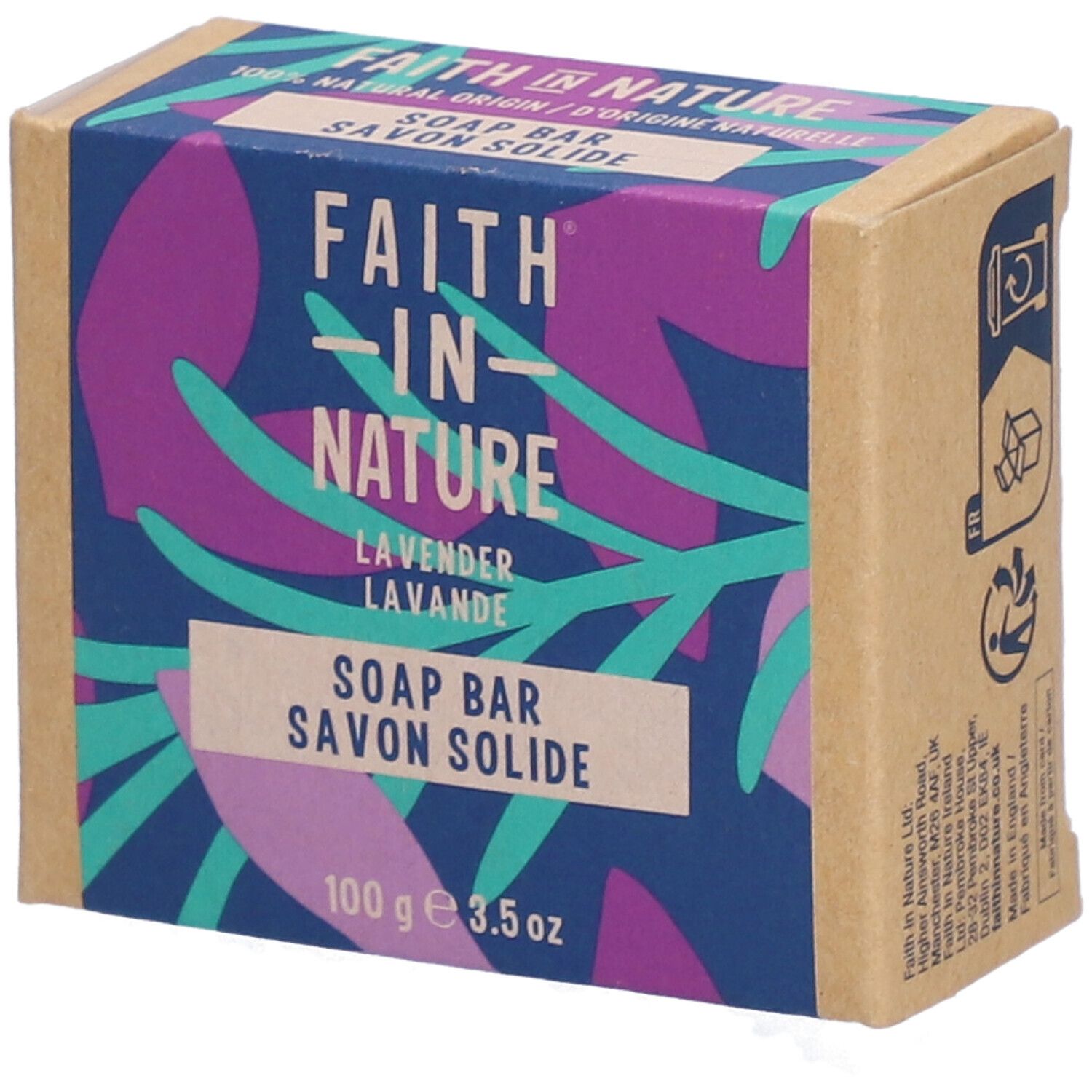 Kartonnen verpakking met productinformatie. Opschrift: Faith In Nature, Lavendel, Zeep. 100g, 3.5 oz.