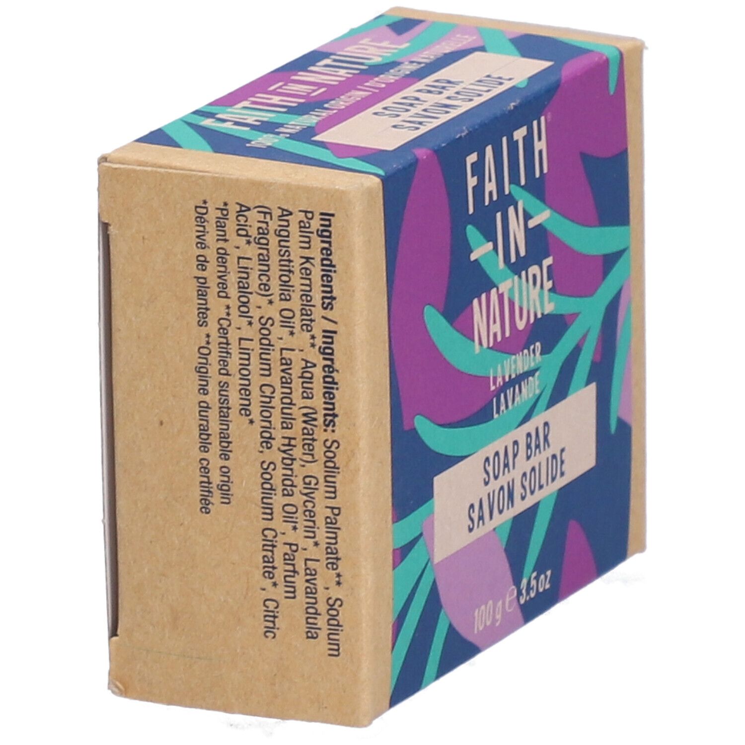 Kartonnen verpakking met ingrediënten. Opschrift: Faith In Nature, Lavendel, Zeep. Bevat Sodium Palmate, Aqua, Glycerine.