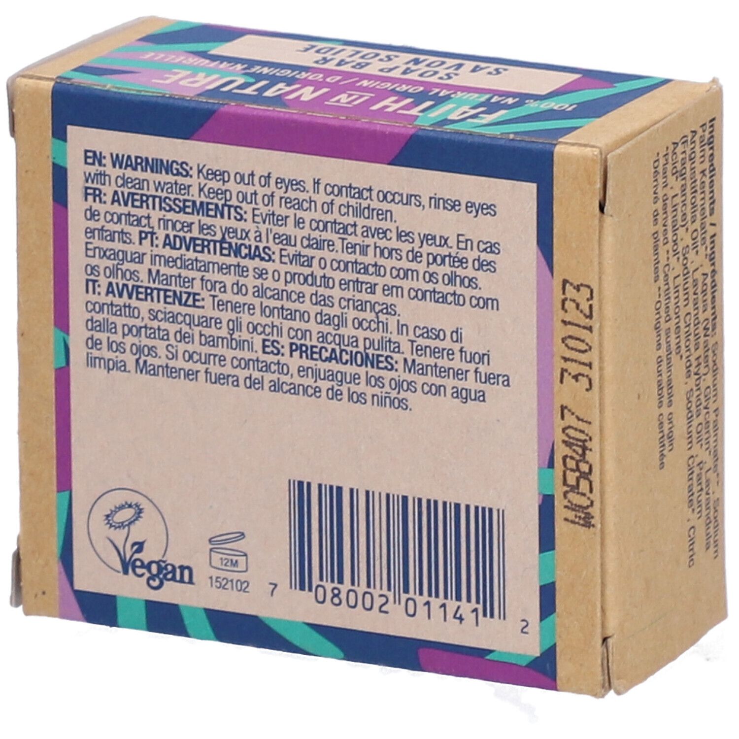 Kartonnen verpakking met waarschuwingen en barcode. Opschrift: Faith In Nature, Lavendel, Zeep. Vegan-logo.