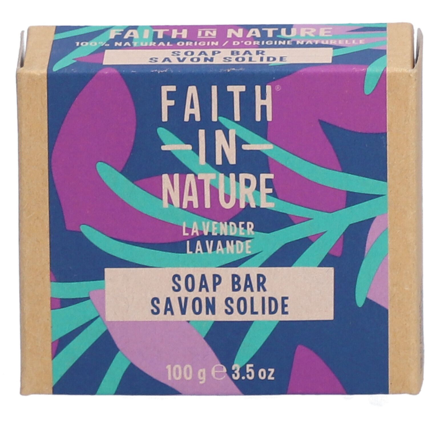 Bovenaanzicht van een kartonnen verpakking. Opschrift: Faith In Nature, Lavendel, Zeep. 100g, 3.5 oz.