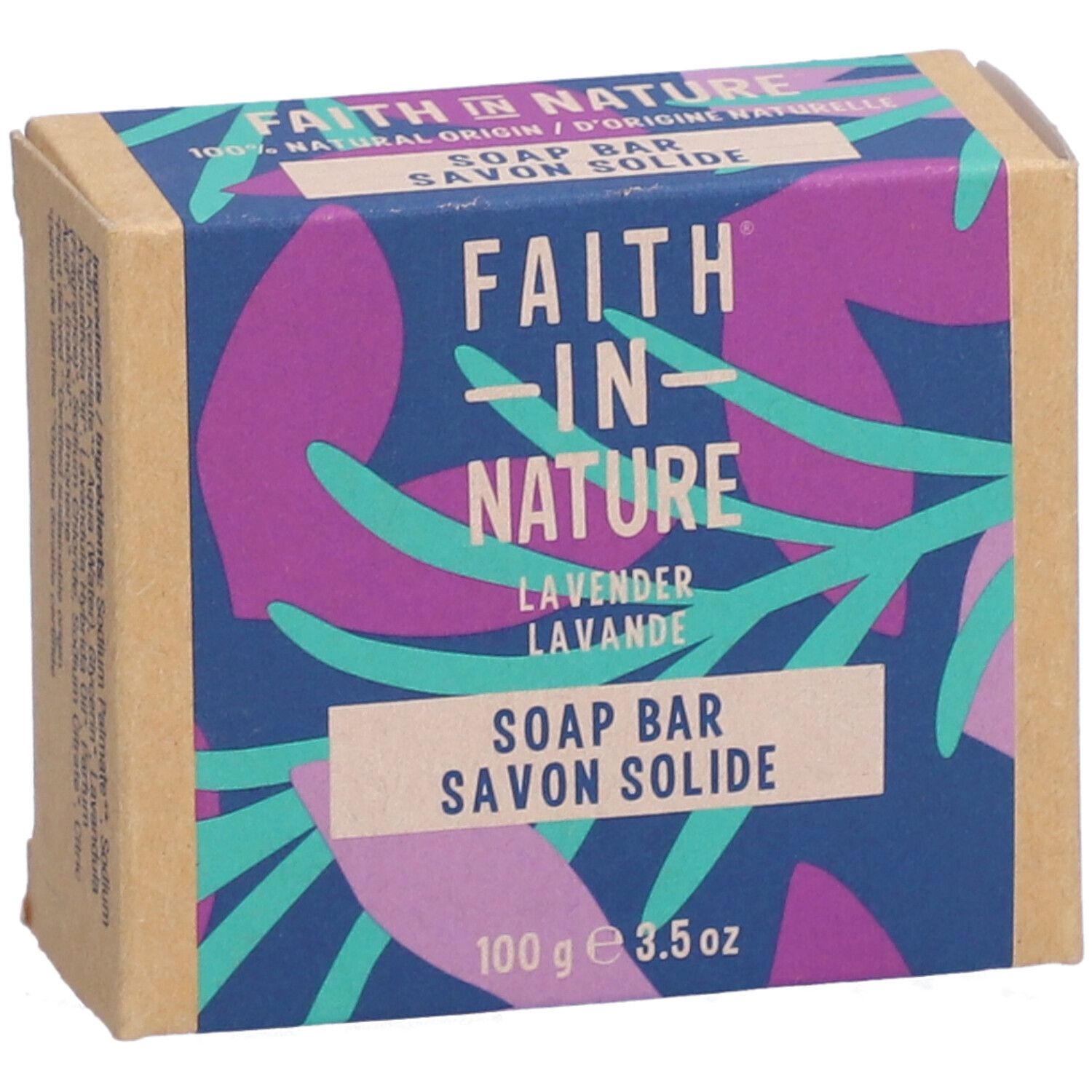 Kartonnen verpakking met productinformatie. Opschrift: Faith In Nature, Lavendel, Zeep. 100g, 3.5 oz.
