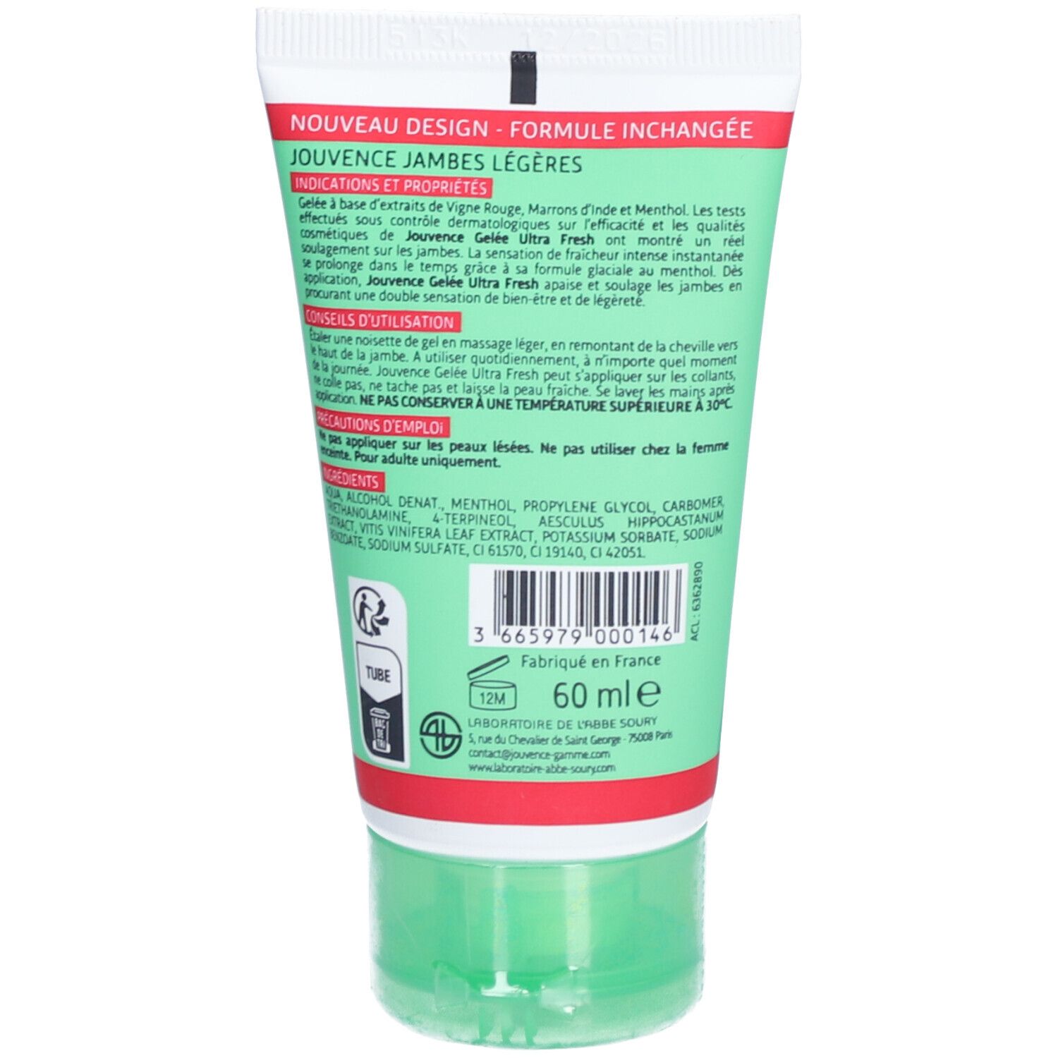 Groene tube met witte en rode tekst. Tekst: Jouvence Jambes Légères. 60 ml. Gemaakt in Frankrijk.