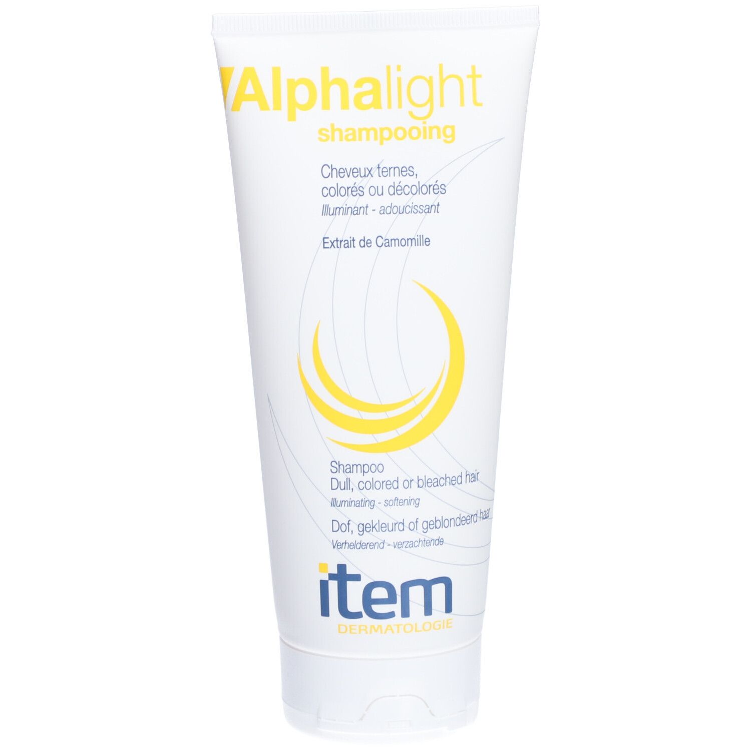 Tube blanc avec texte jaune. Shampooing pour cheveux colorés. Marque: Alphalight, item Dermatologie. Extrait de camomille.