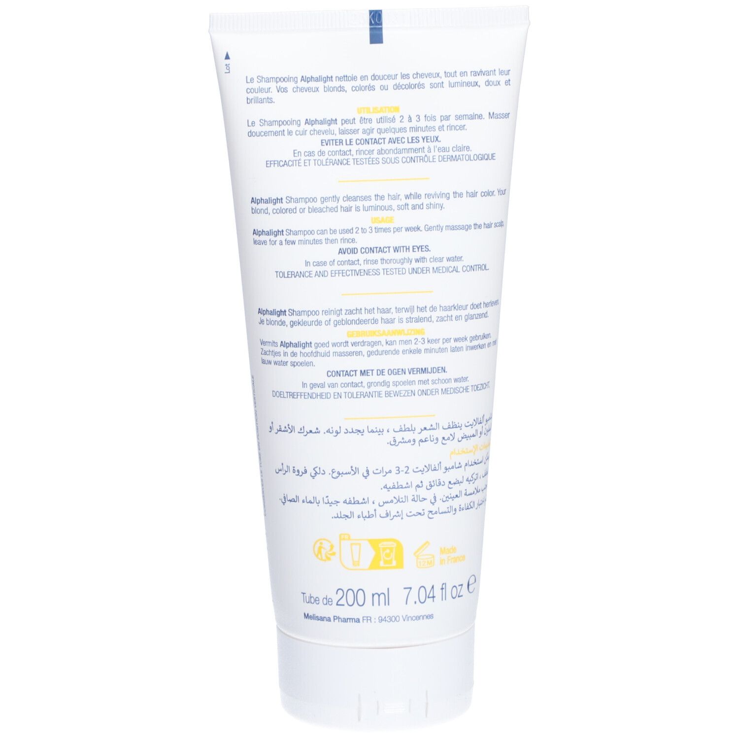 Dos d'un tube blanc. Texte multilingue. Contient des informations sur le shampooing Alphalight. 200 ml.