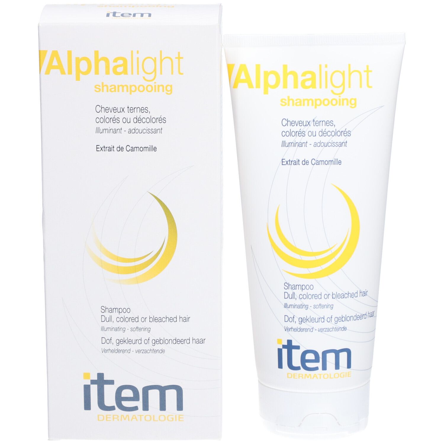 Emballage du produit. Boîte et tube blancs. Shampooing pour cheveux colorés. Marque: Alphalight, item Dermatologie. Extrait de camomille.