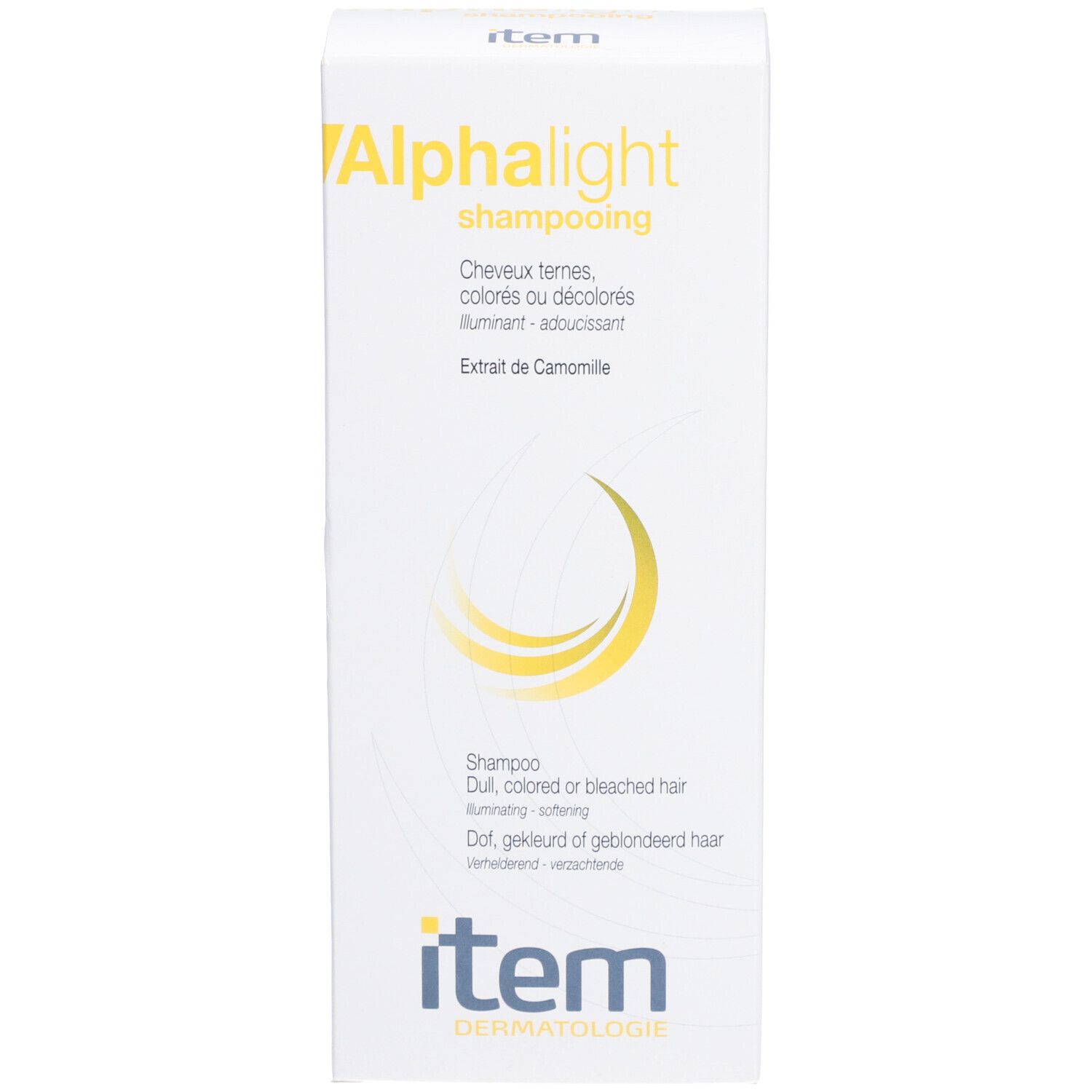 Boîte blanche avec texte jaune. Shampooing pour cheveux colorés. Marque: Alphalight, item Dermatologie. Extrait de camomille.