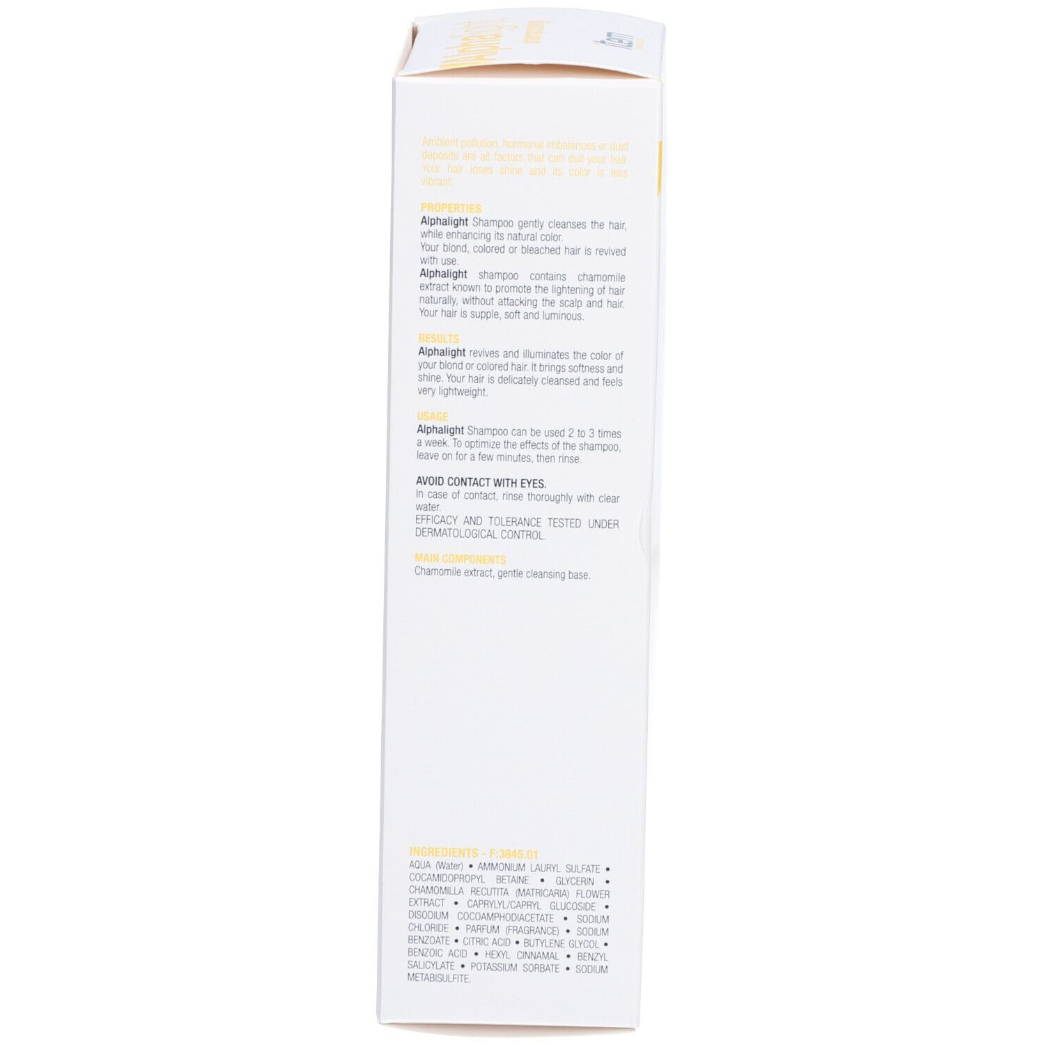 Boîte blanche, vue latérale. Texte multilingue. Contient des informations sur le shampooing Alphalight. Ingrédients.