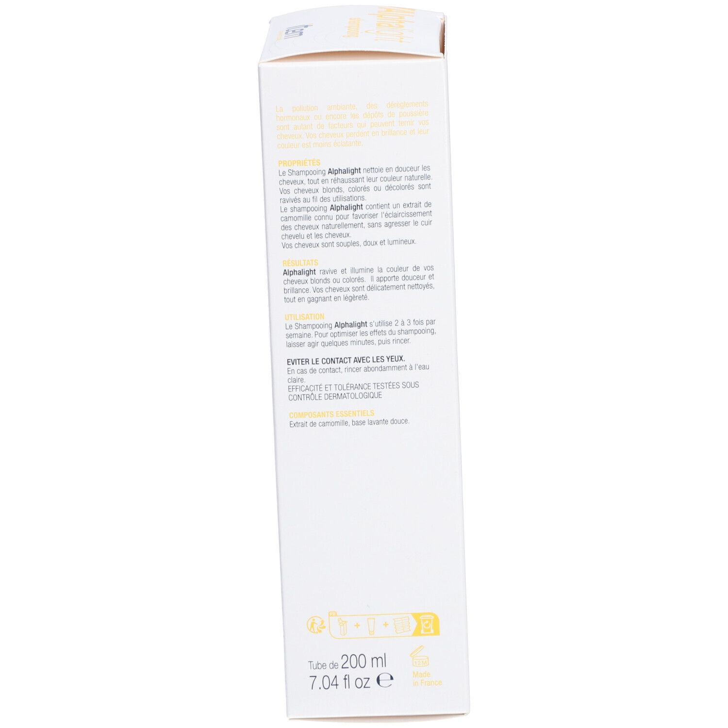 Boîte blanche, vue latérale. Texte multilingue. Contient des informations sur le shampooing Alphalight. 200 ml.