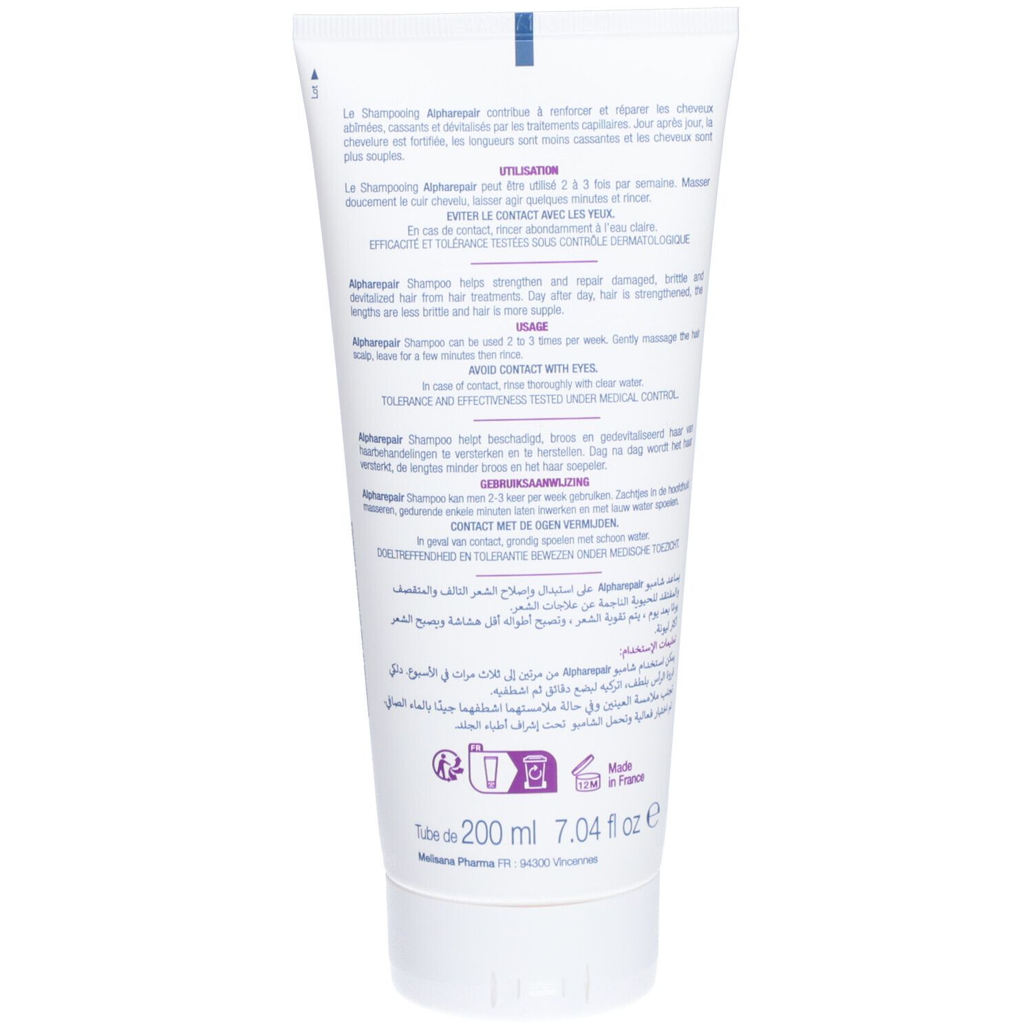 Dos d'un tube. Texte multilingue. Nom du produit: 'Alpharepair'. Volume: 200 ml, 7.04 fl oz. Informations fabricant.