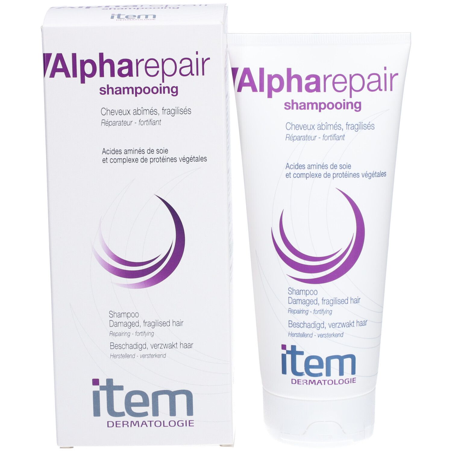 Emballage du produit: tube et boîte. Les deux avec 'Alpharepair' et informations. Marque: item Dermatologie.