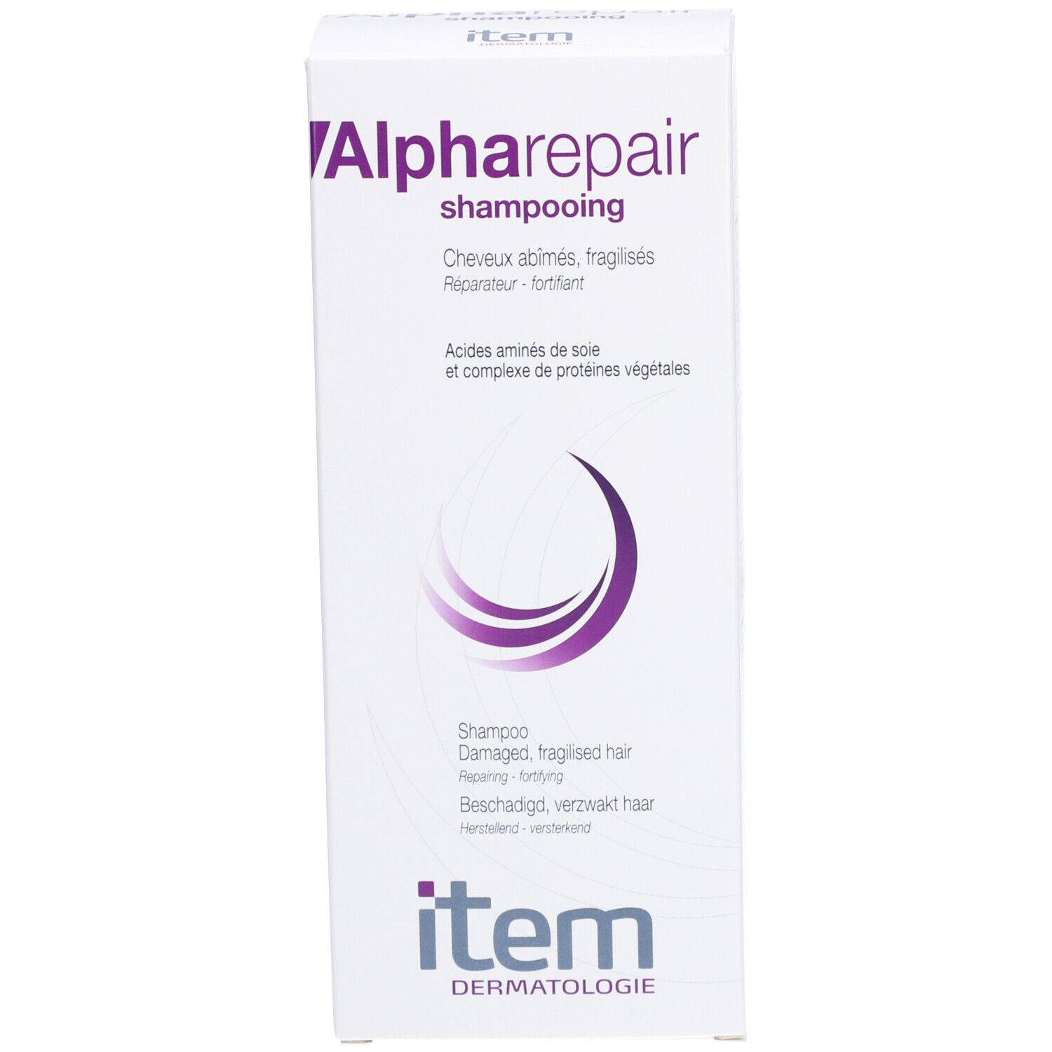 Boîte blanche avec texte violet 'Alpharepair'. Texte: 'Shampooing', 'Cheveux abîmés, fragilisés'. Marque: item Dermatologie.