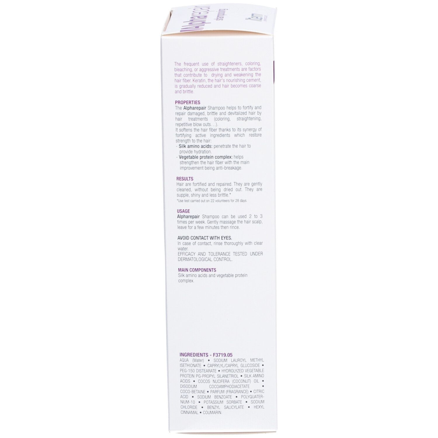 Dos de la boîte. Texte multilingue. Informations sur le produit, ingrédients, informations fabricant.