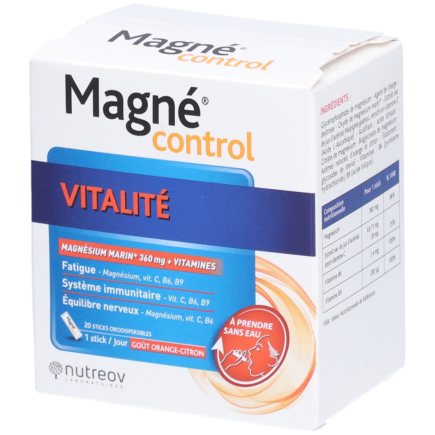 Boîte Magné Control Vitalité. Contient 20 sticks orodispersibles. Ingrédients et informations nutritionnelles. Goût orange-citron.