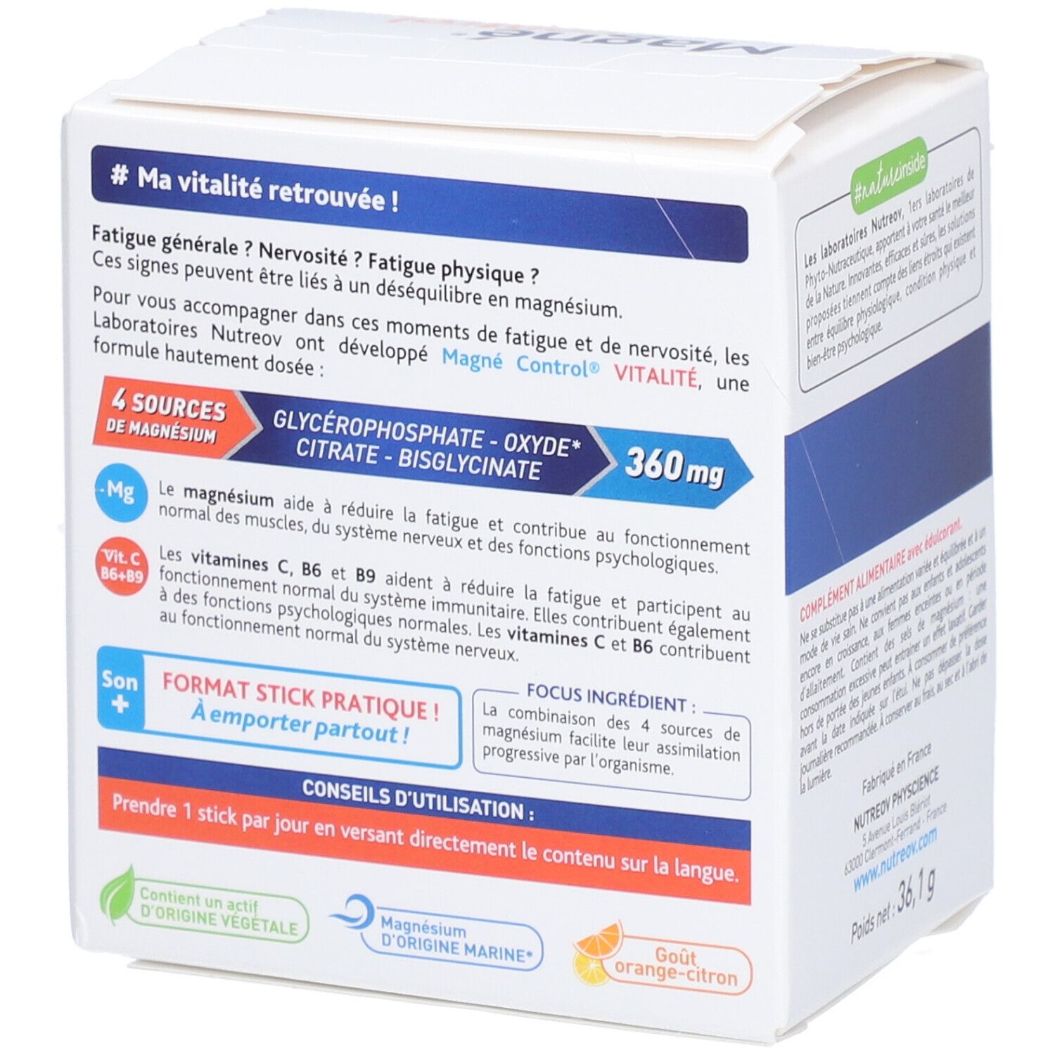 Boîte avec informations sur le produit. Contient des informations sur le magnésium, les vitamines et l'utilisation. Goût orange-citron.
