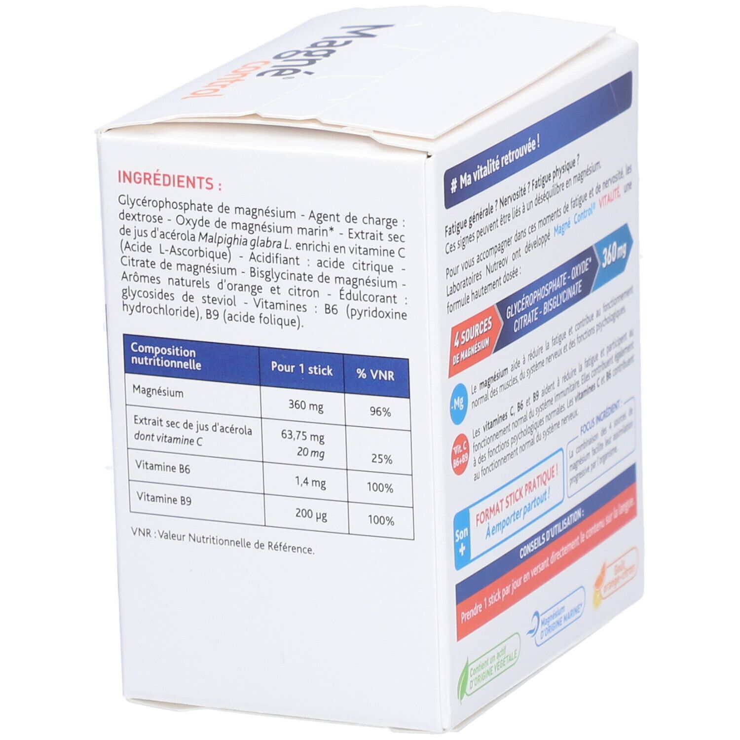 Boîte avec ingrédients et informations nutritionnelles. Contient magnésium, vitamine B6, B9 et C. Par stick.