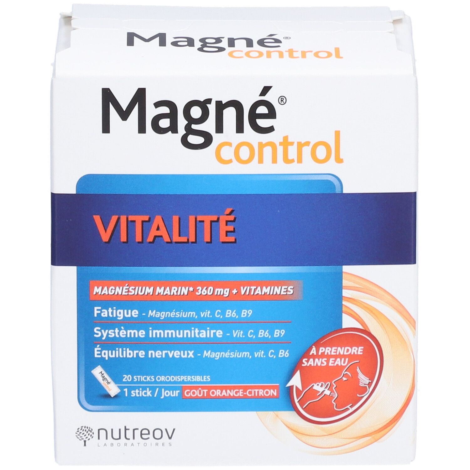 Boîte Magné Control Vitalité. Contient 20 sticks. Goût orange-citron. À prendre sans eau.