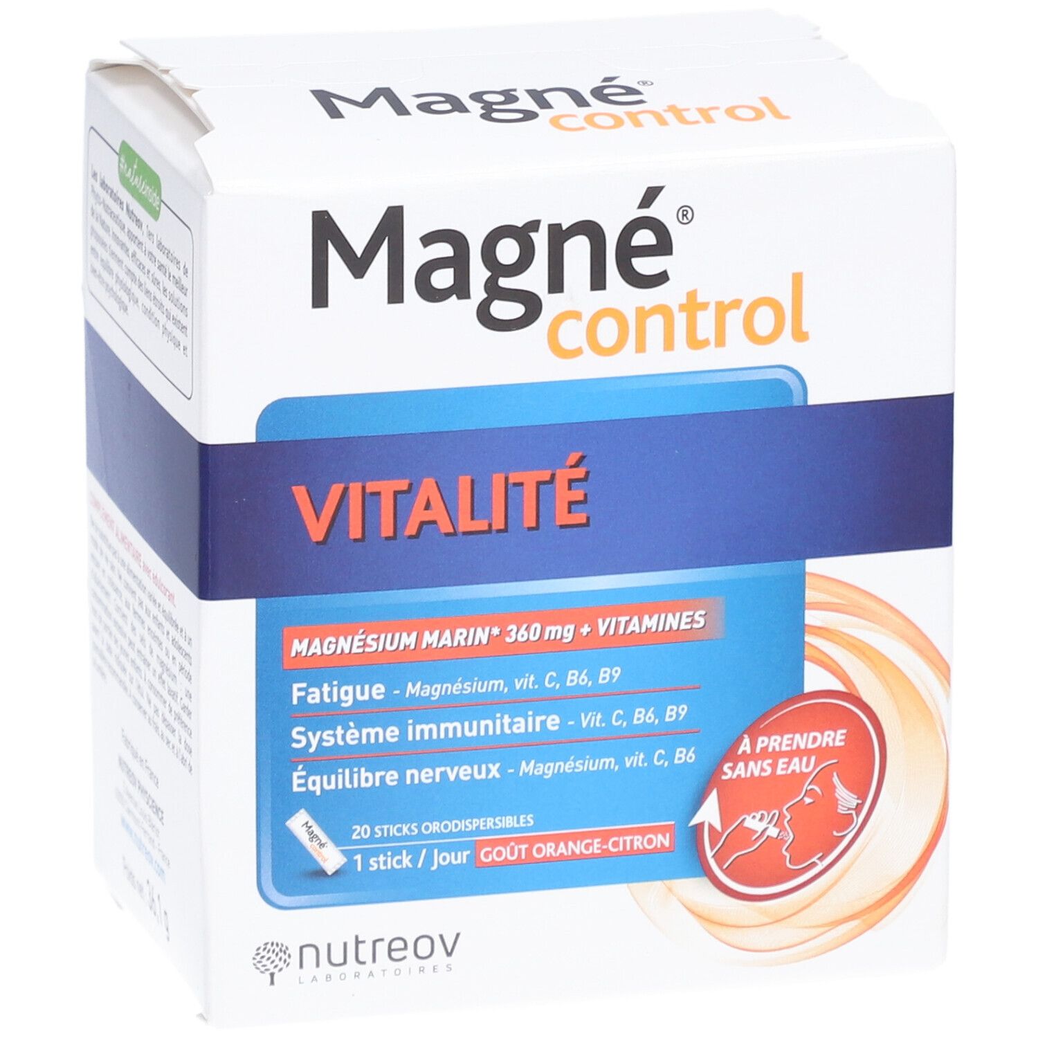 Boîte Magné Control Vitalité. Contient 20 sticks. Goût orange-citron. À prendre sans eau.