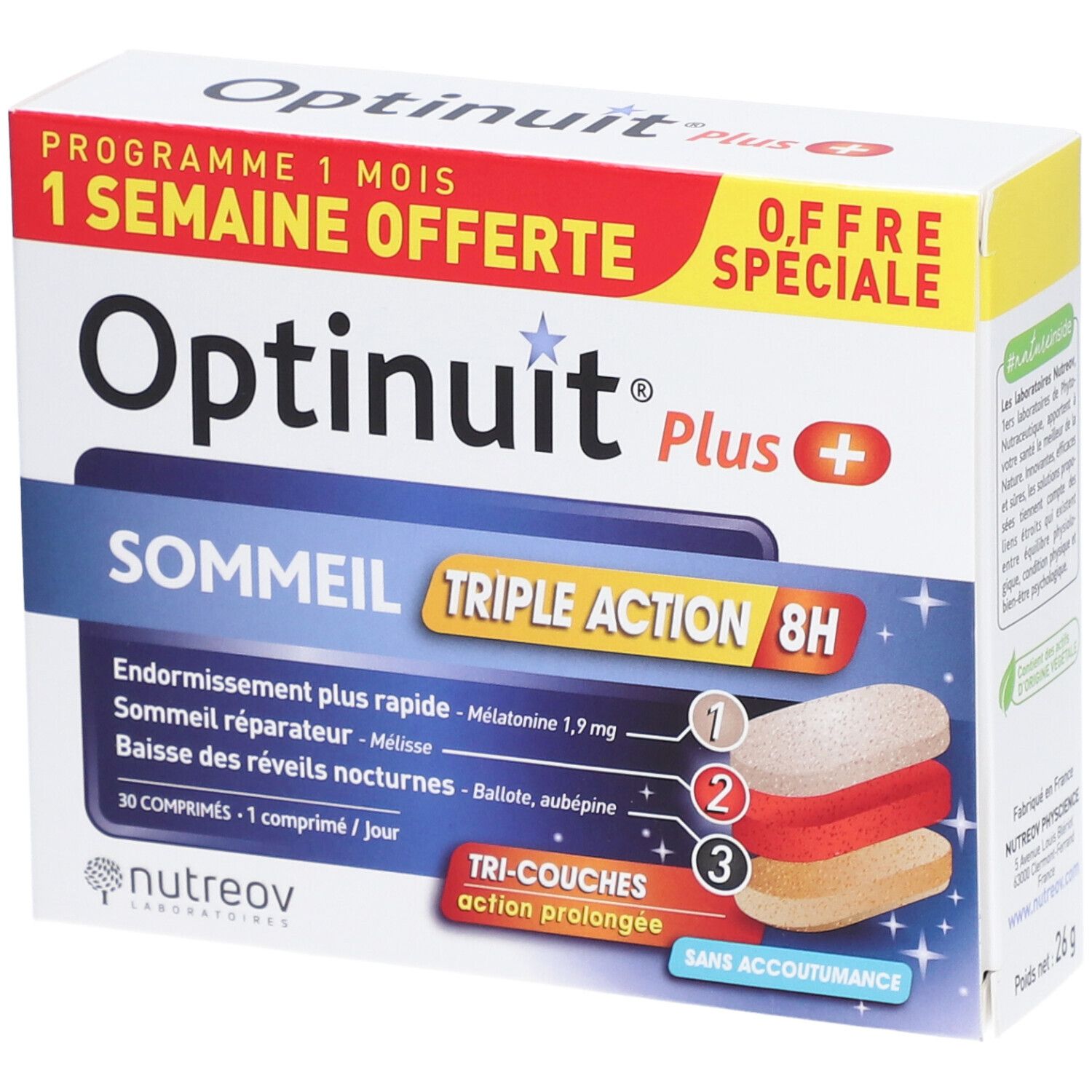 Boîte OPTINUIT Plus. Informations produit et illustration de comprimés. Texte : Triple Action 8H, 30 comprimés.