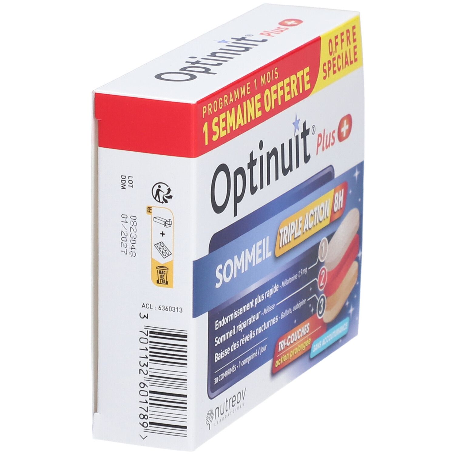 Boîte OPTINUIT Plus, vue latérale. Texte : Triple Action 8H, 30 comprimés. Avec logo et numéro de lot.