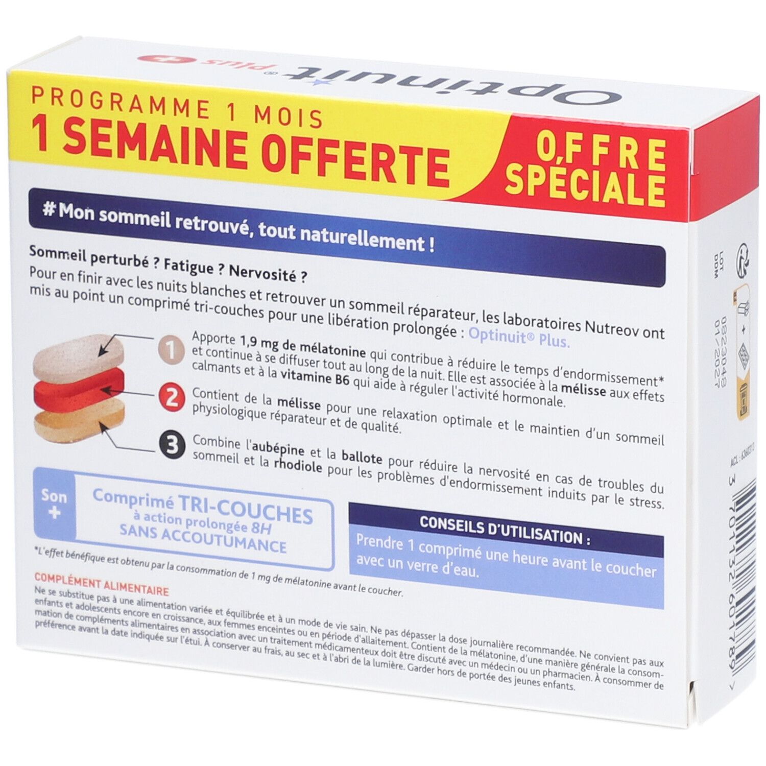 Dos de la boîte OPTINUIT Plus. Informations produit et instructions d'utilisation. Texte : Triple Action 8H.