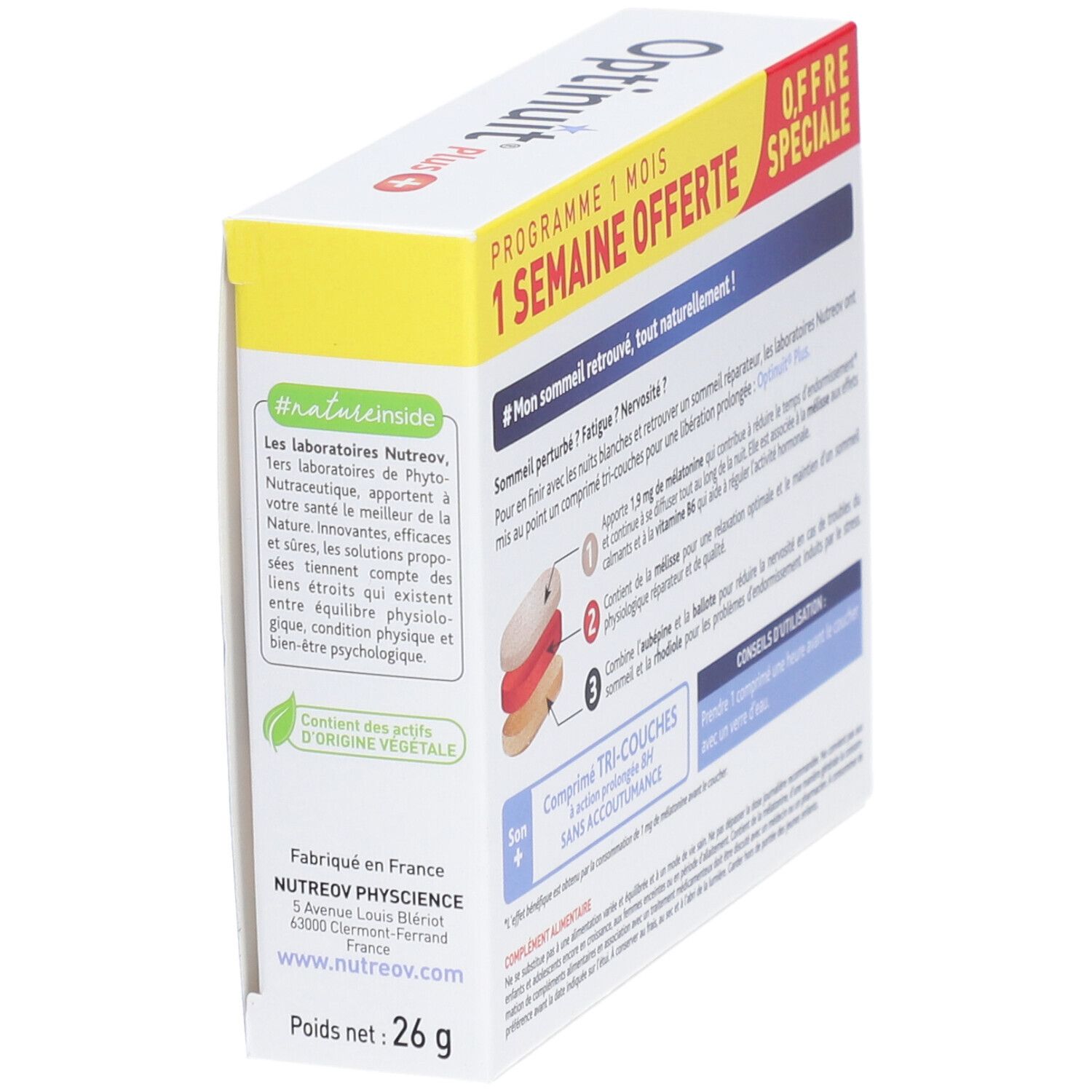 Vue latérale de la boîte OPTINUIT Plus. Texte : #natureinside, informations sur les ingrédients et le laboratoire.